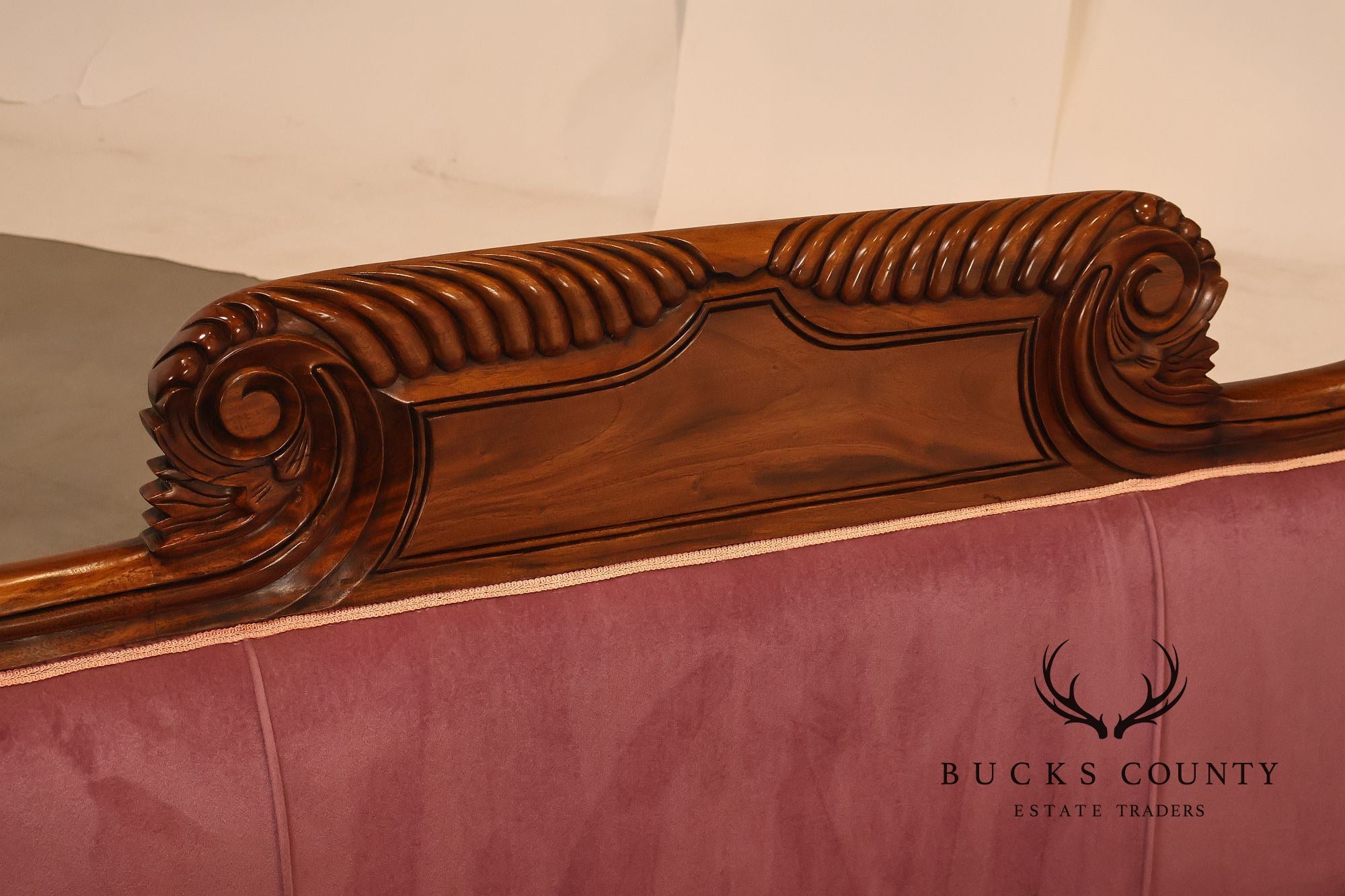 Victorian Style Mahogany Carved Wood Framed Pink Velour Upholstered Sofa