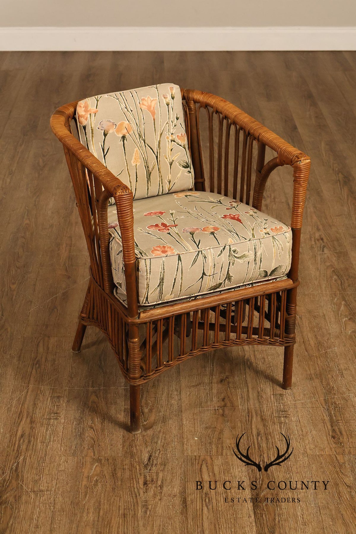 Antique Set Of Four Split Reed Rattan Armchairs With Floral Cushions