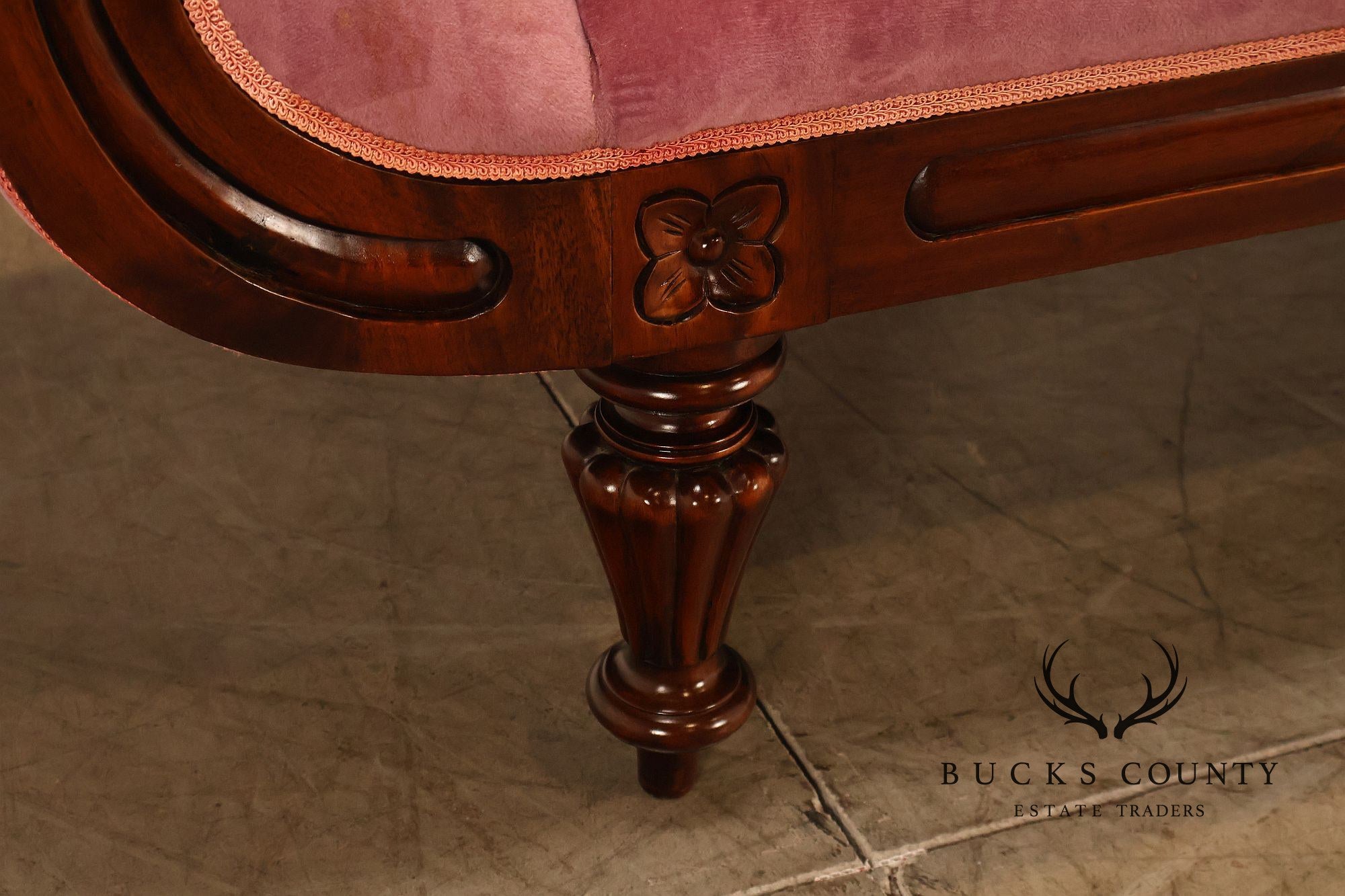 Victorian Style Mahogany Carved Wood Framed Pink Velour Upholstered Sofa
