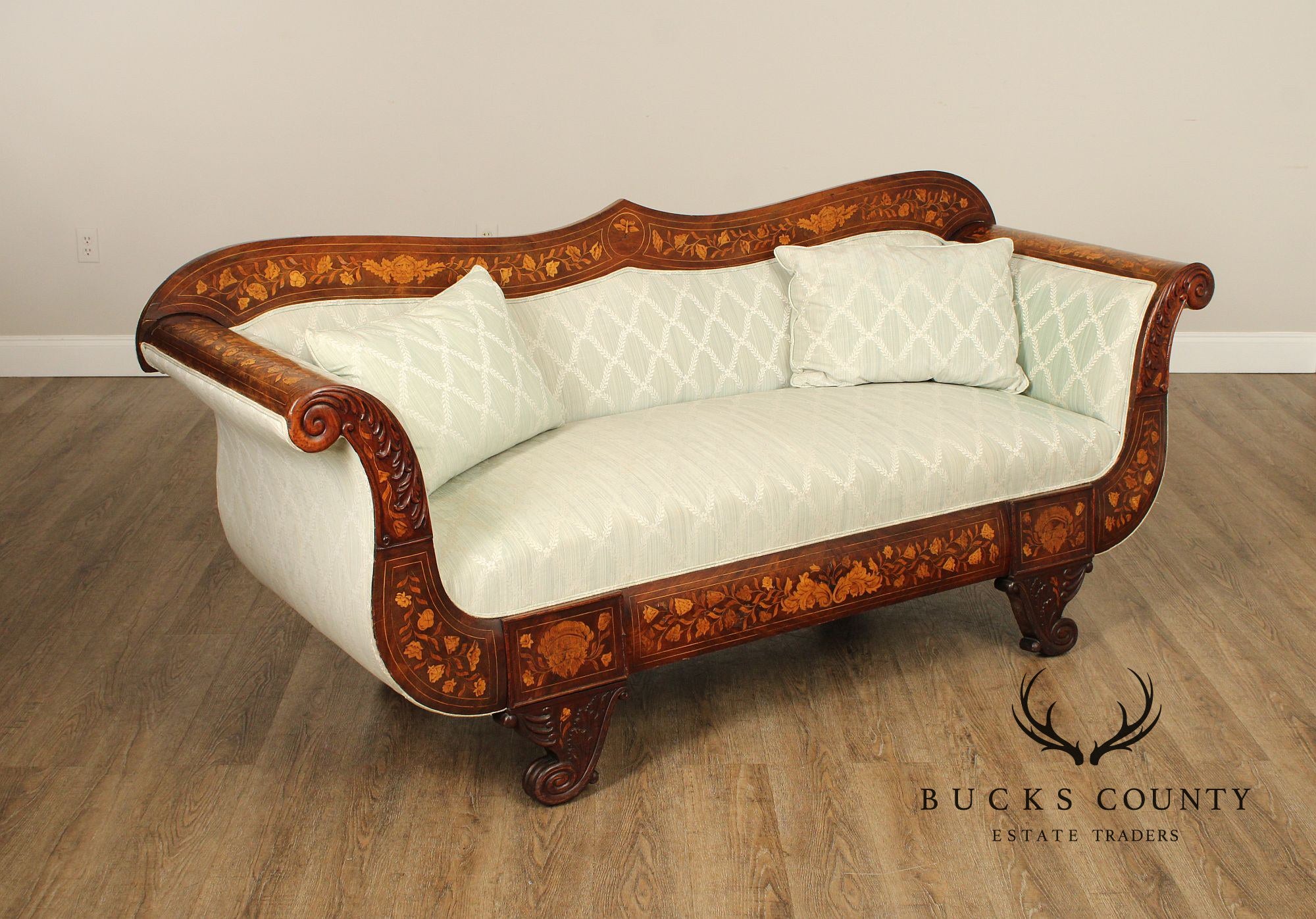 Antique Dutch Marquetry Inlaid Empire Mahogany Sofa