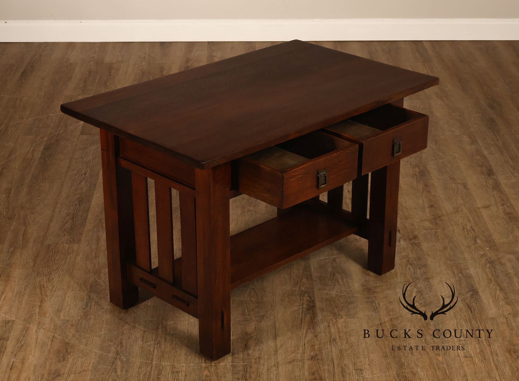 Antique Mission Oak Library Table Writing Desk With Drawers And Lower Shelf