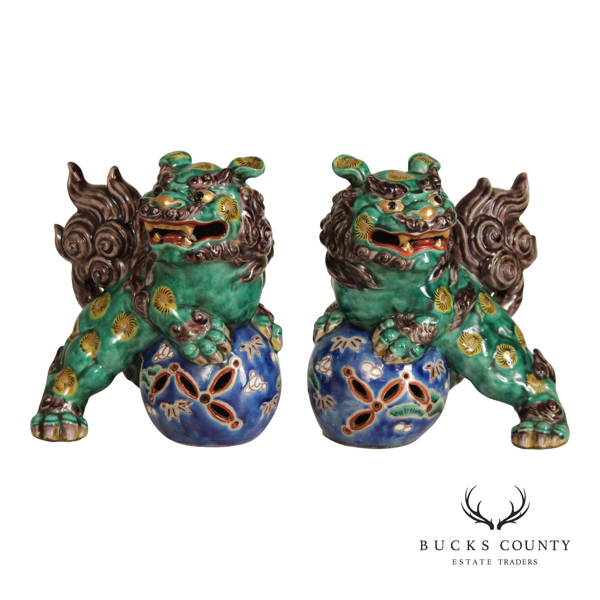 Vintage Chinese Pair of Painted Porcelain Foo Dogs