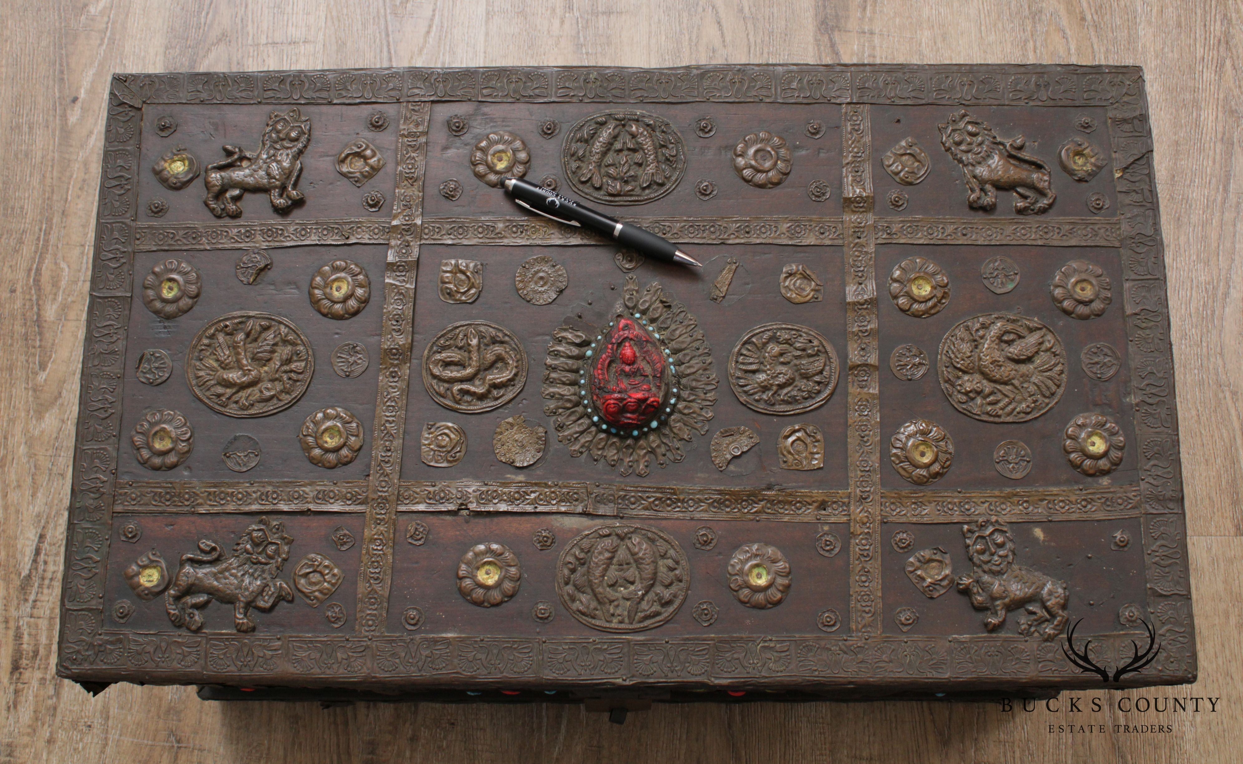 19th Century Tibetan Turquoise and Red Coral Decorated Travel Chest