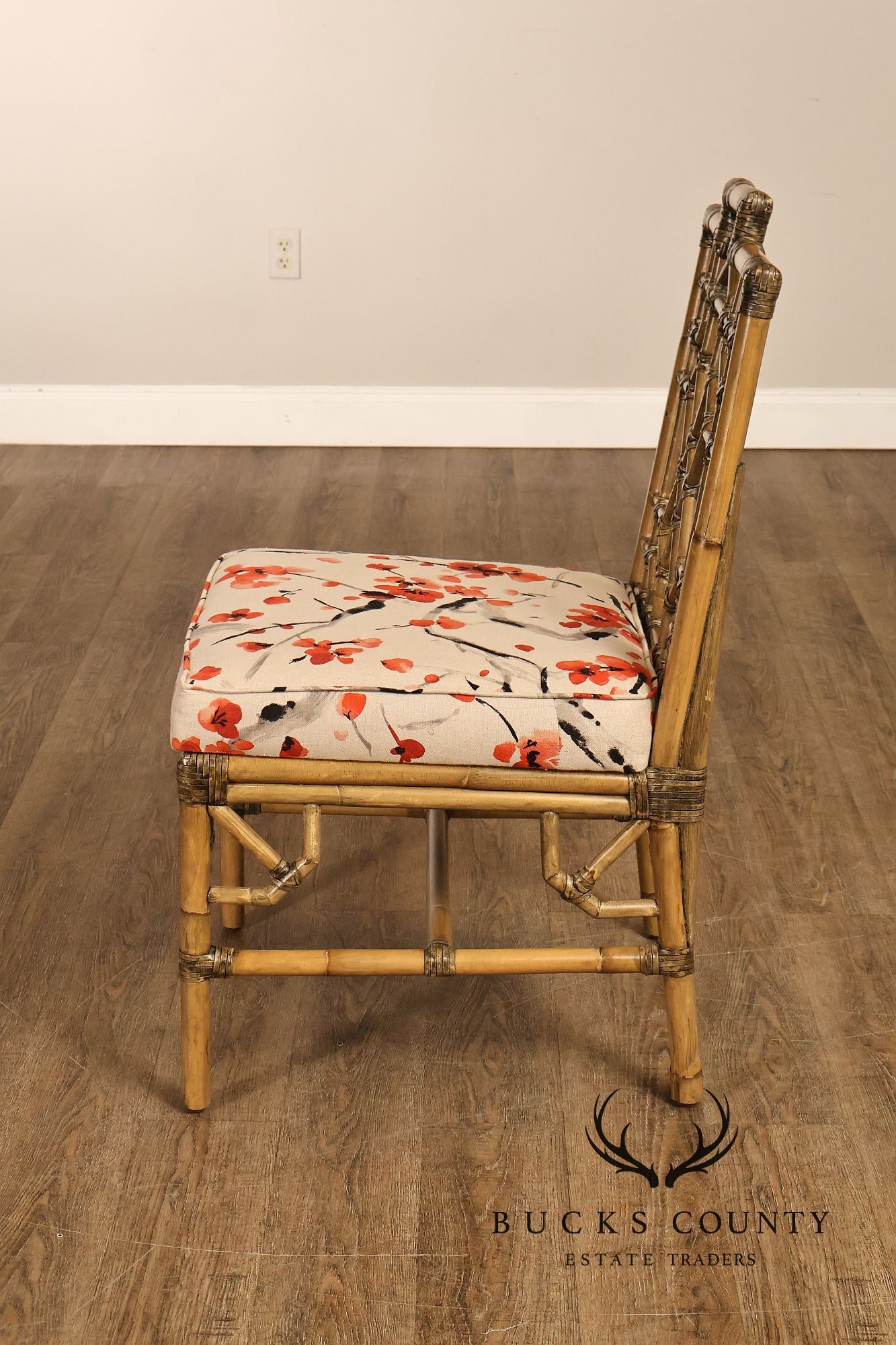 Chinese Chippendale Style Set Of Four Rattan Bamboo Dining Chairs