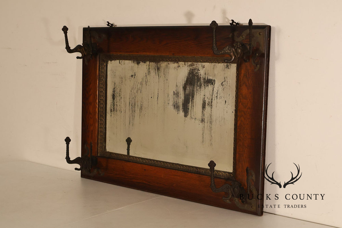 Antique Victorian Oak Wall Mirror With Cast Iron Coat Hooks
