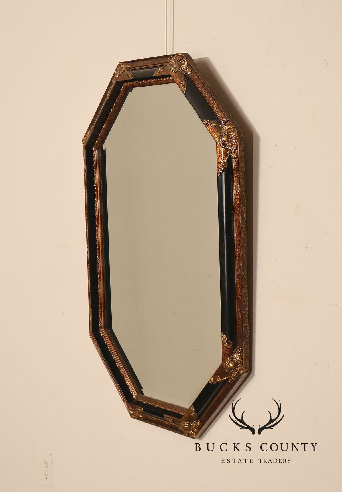 Traditional Octagonal Black And Gilt Beveled Wall Mirror