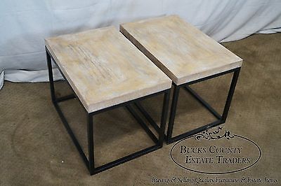 Jonathan Charles Cerused Oak Pair of Iron Base Side Tables