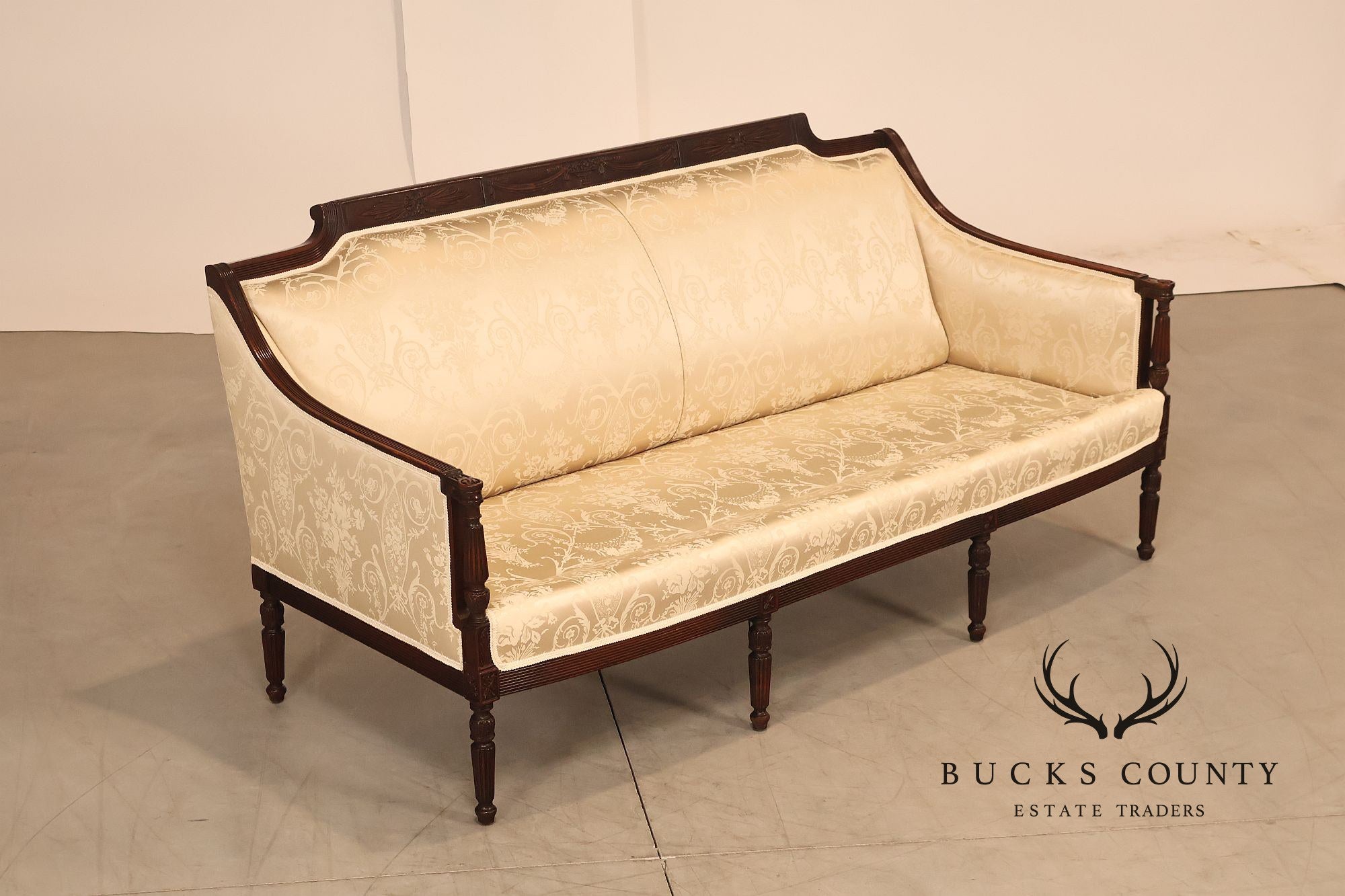 Federal Sheraton Style Upholstered Sofa With Carved Wood Frame