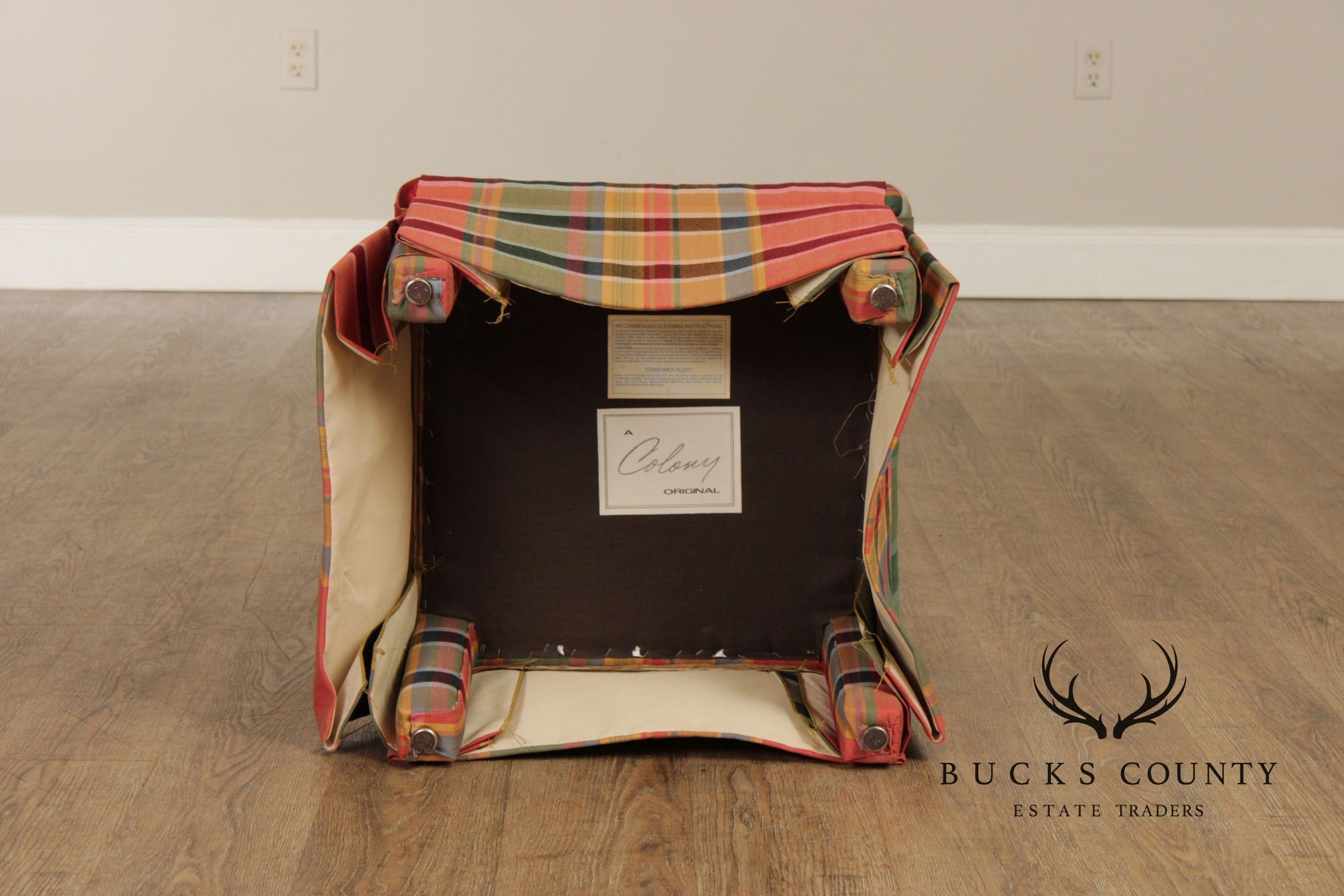 'A Colony Original'  Pair Of Upholstered Plaid Skirted Ottomans