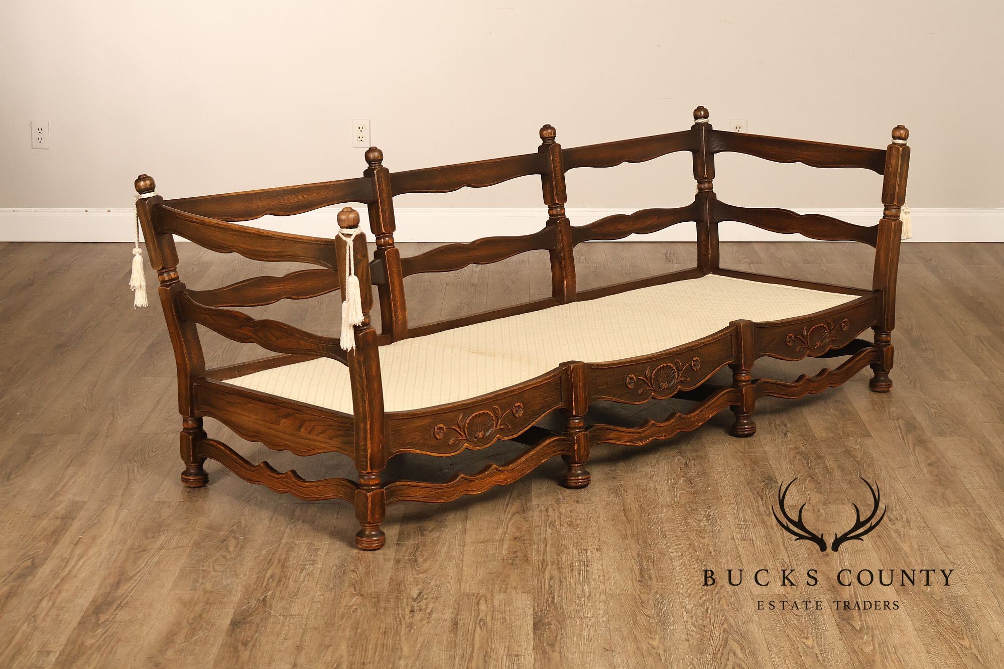 French Country Style Carved Oak Frame Three Seat Sofa