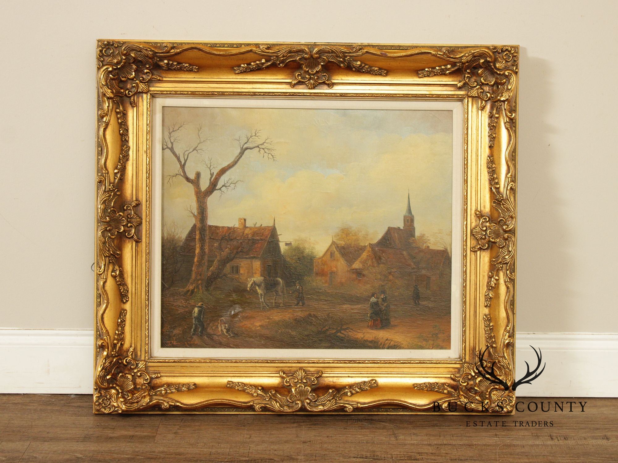 Artist Signed Genre Painting, Bucolic Village