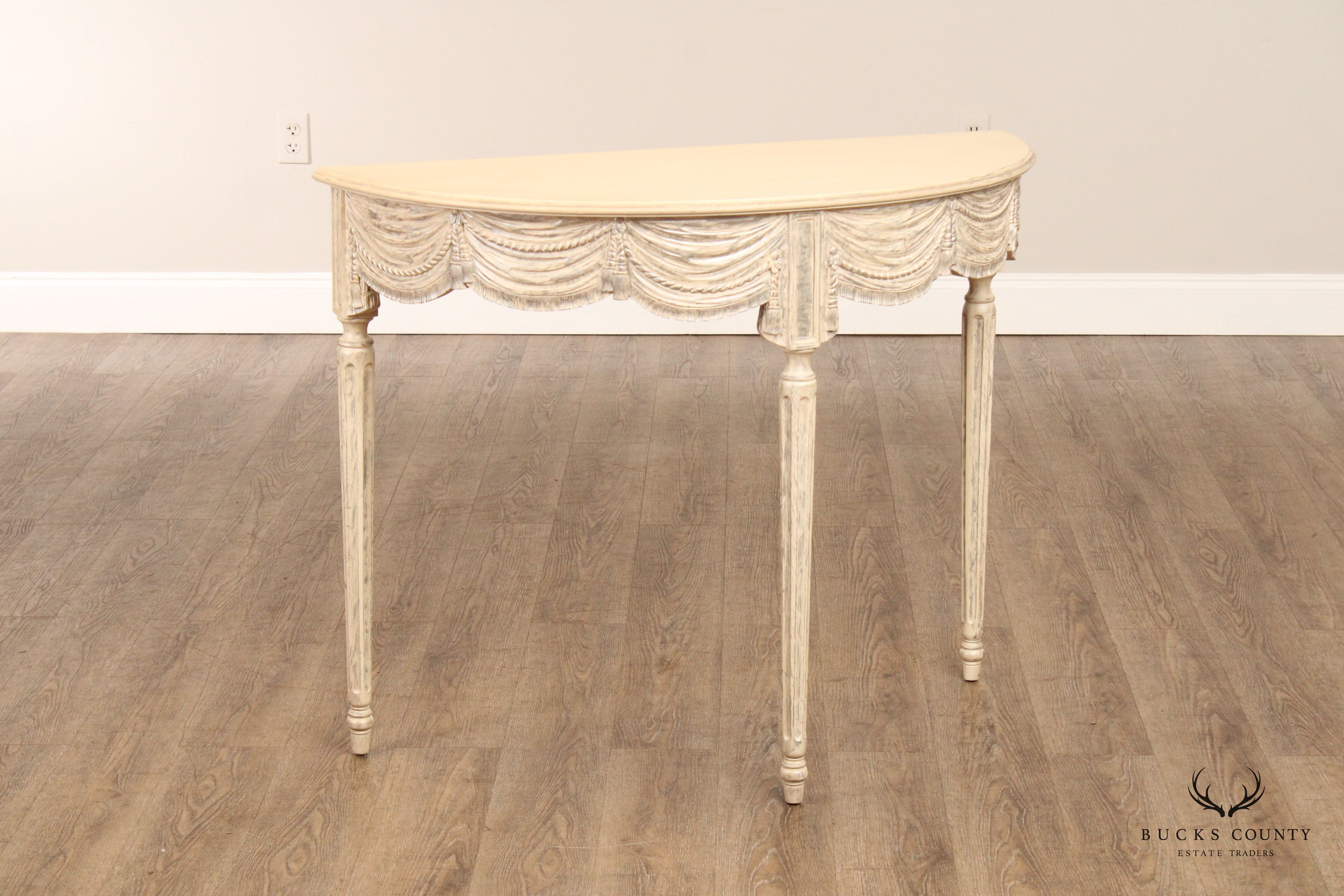 Gustavian Style Pair of Carved and Distress Painted Demilune Console Tables