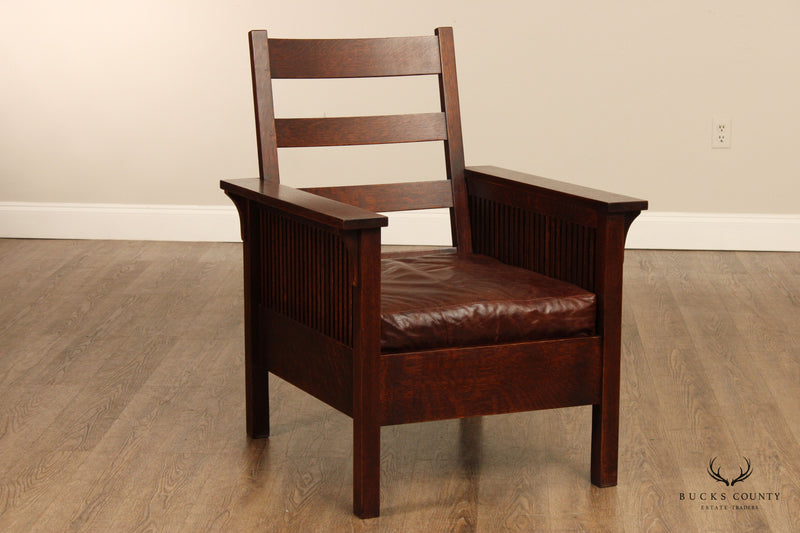Stickley Mission Collection Oak and Leather Spindle Lounge Chair
