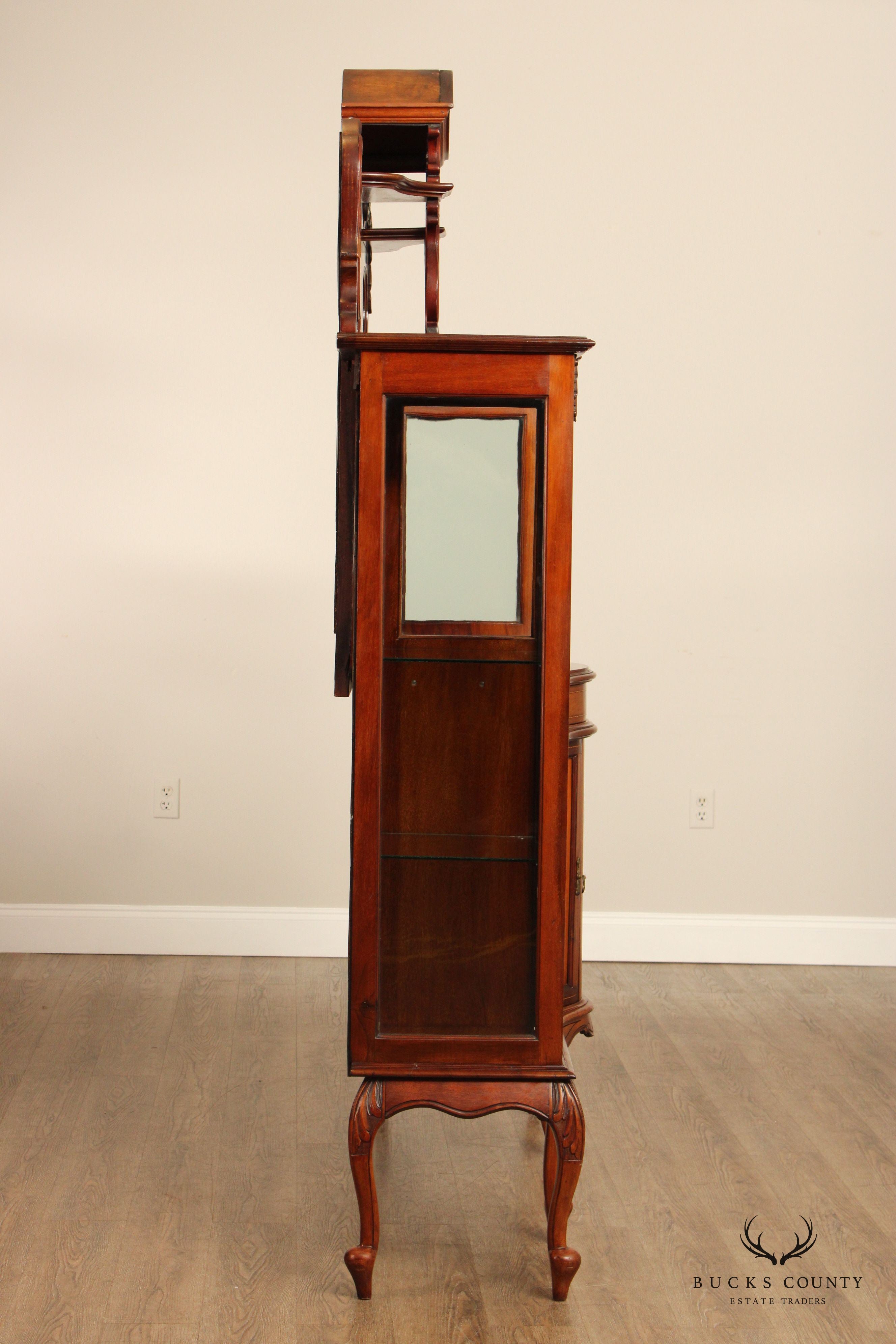 Antique Edwardian Mahogany Carved and Inlaid Double Display Etagere Cabinet