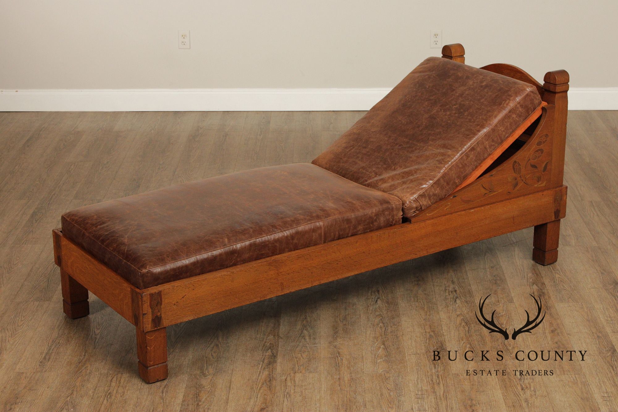 Early Stickley Brothers Inlaid Oak and Leather Daybed