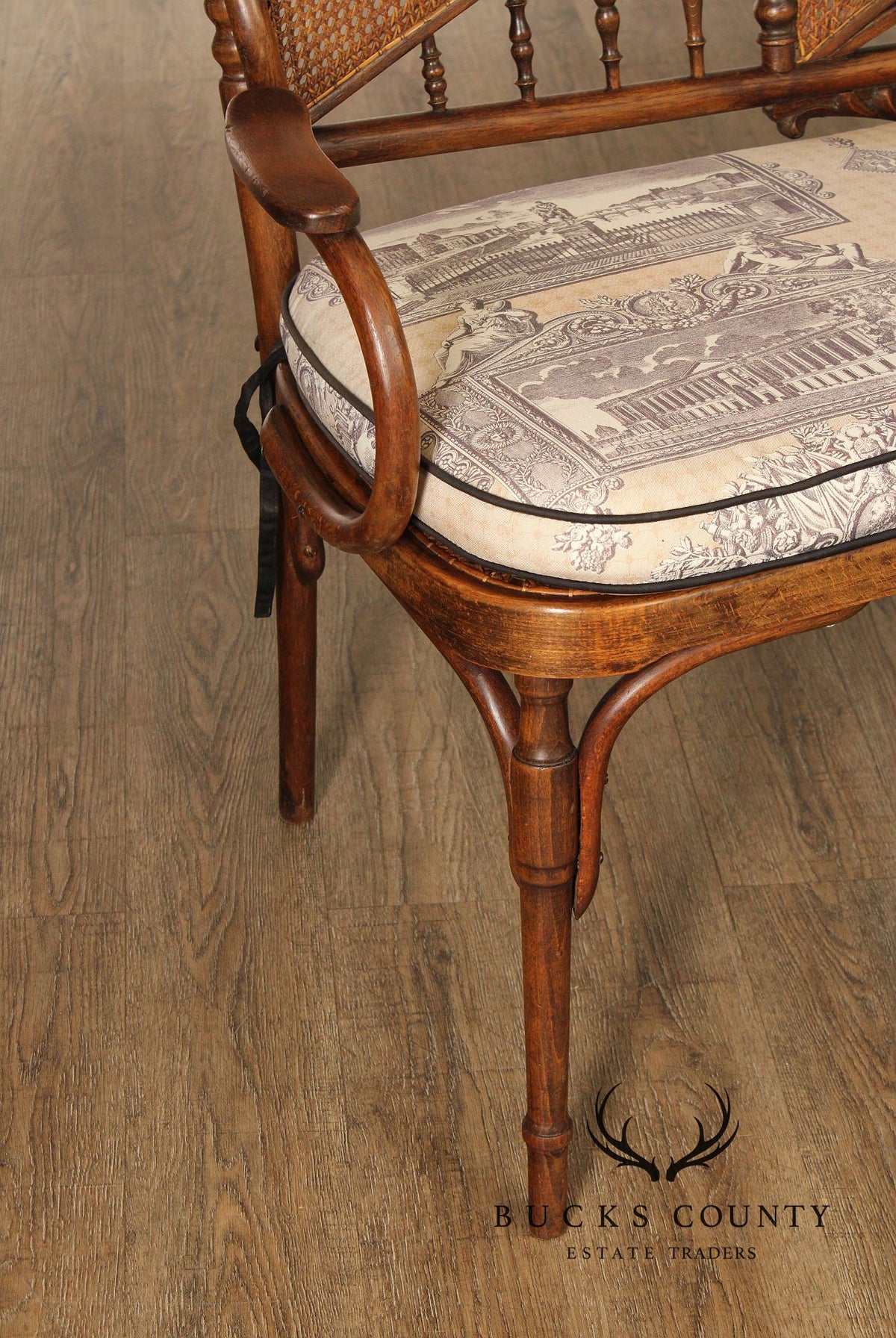 Vintage Thonet Style Bentwood And Caned Settee With Upholstered Cushion