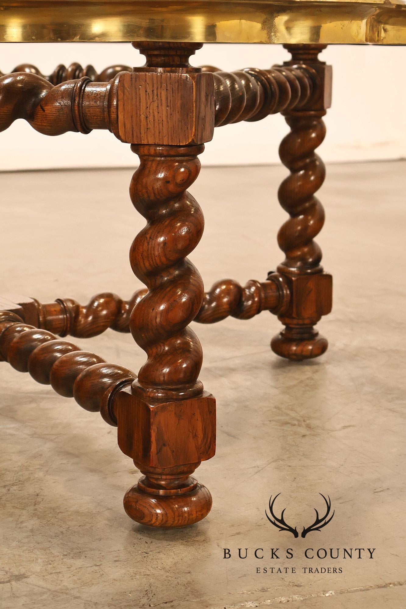 Baker Vintage Oak Barley Twist Scalloped Brass And Glass Top Coffee Table