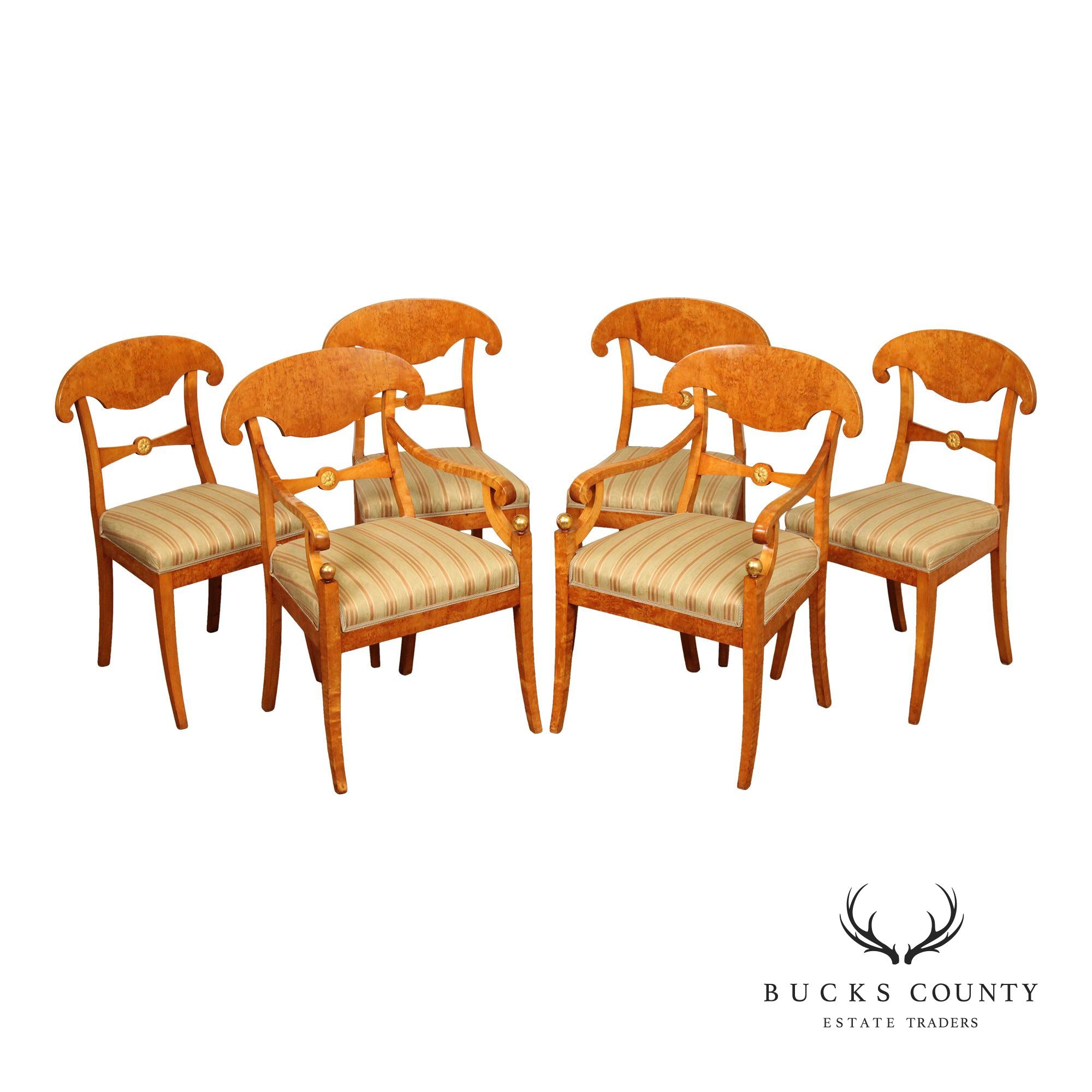 Antique Biedermeier Set of Six Birchwood Dining Chairs