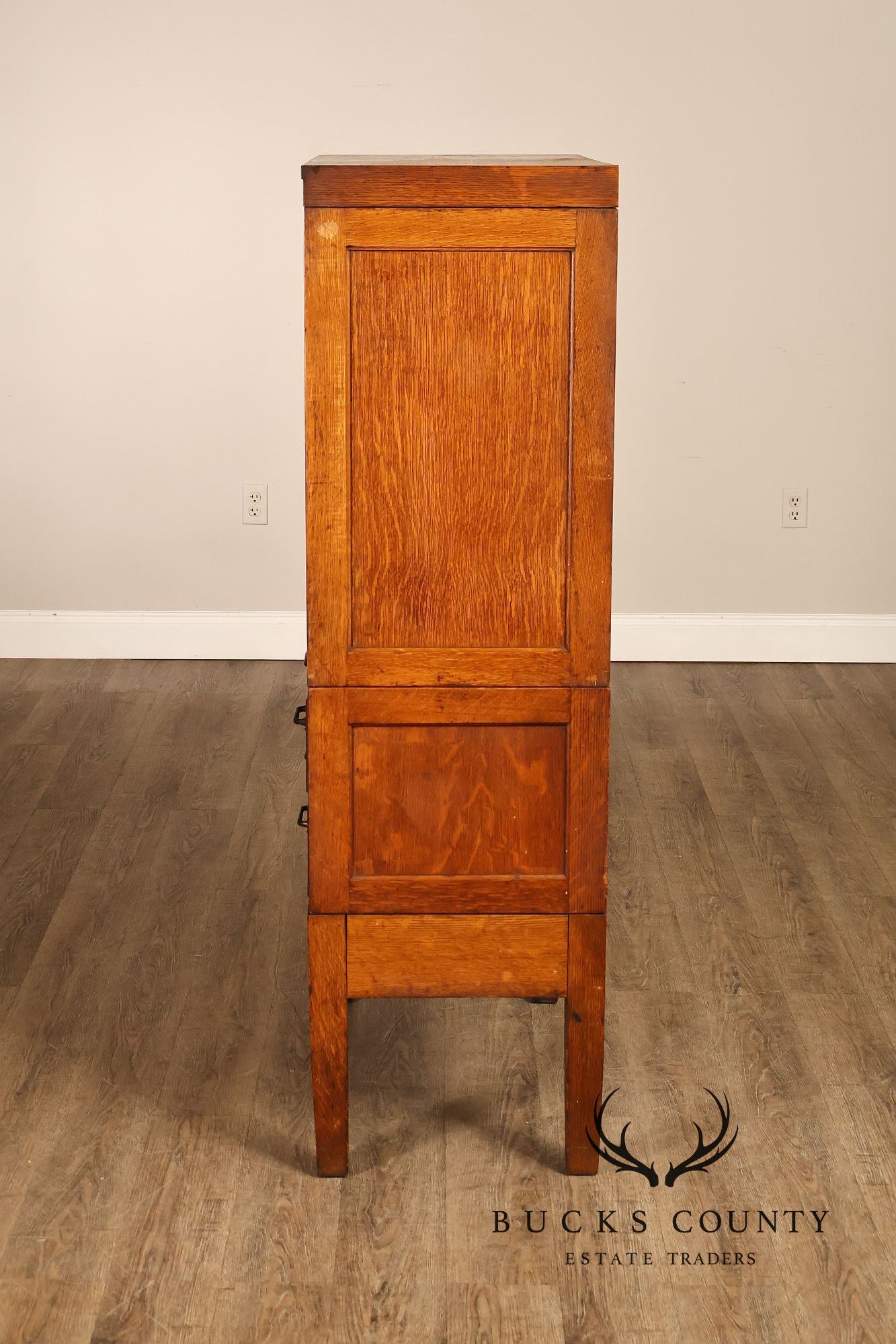 Globe Oak Sectional Bookcase Cabinet With Sliding Glass Doors And Drawers