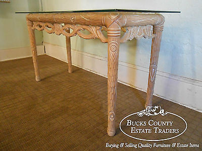 Carved Naturalistic Solid Maple Glass Top Sofa Table