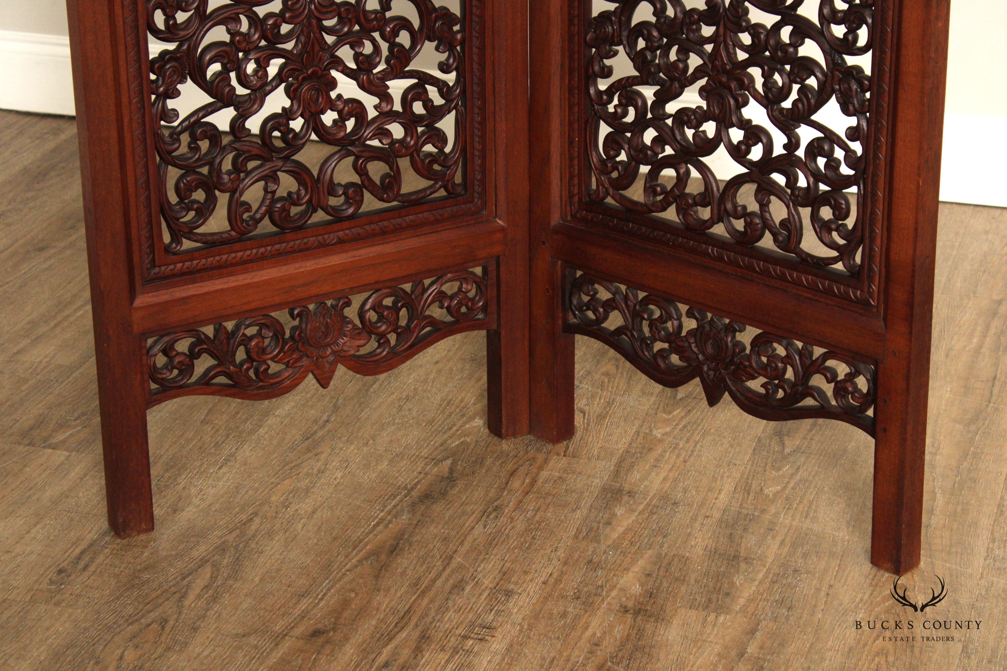 Ornate Carved Mahogany Folding Two-Panel Dressing Screen