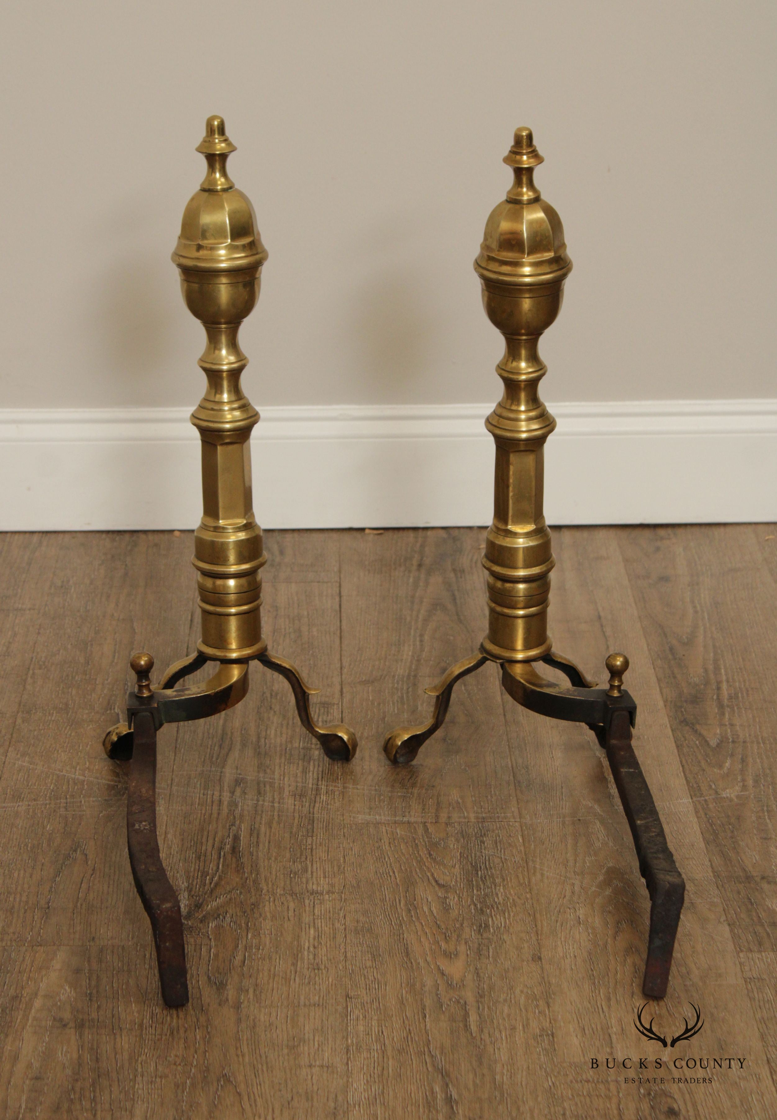 CHIPPENDALE STYLE QUALITY PAIR OF BRASS FIREPLACE ANDIRONS