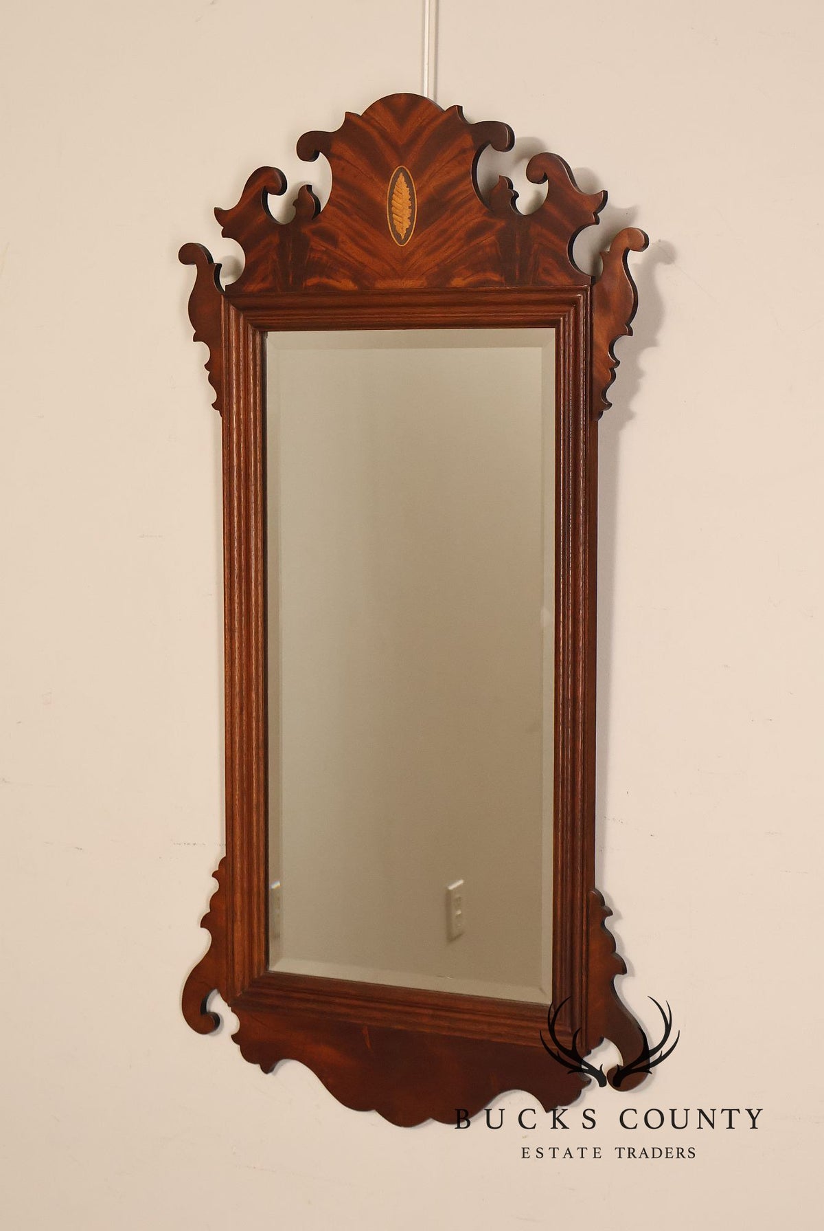 Traditional Chippendale Style Inlaid Mahogany Beveled Wall Mirror