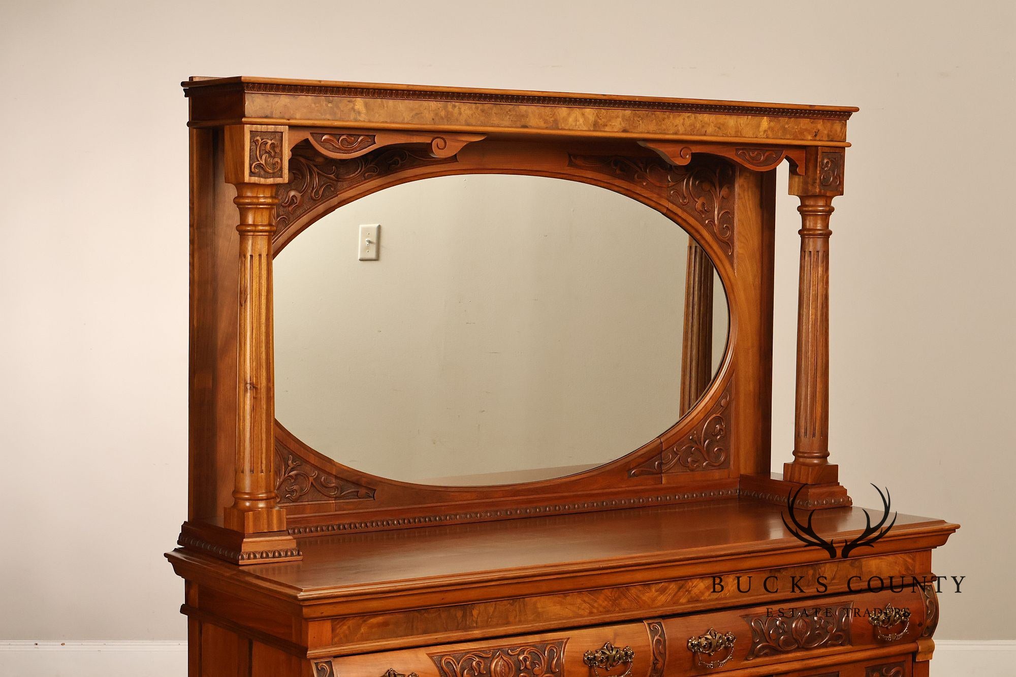 Antique Mirrored Burl Walnut Buffet Sideboard