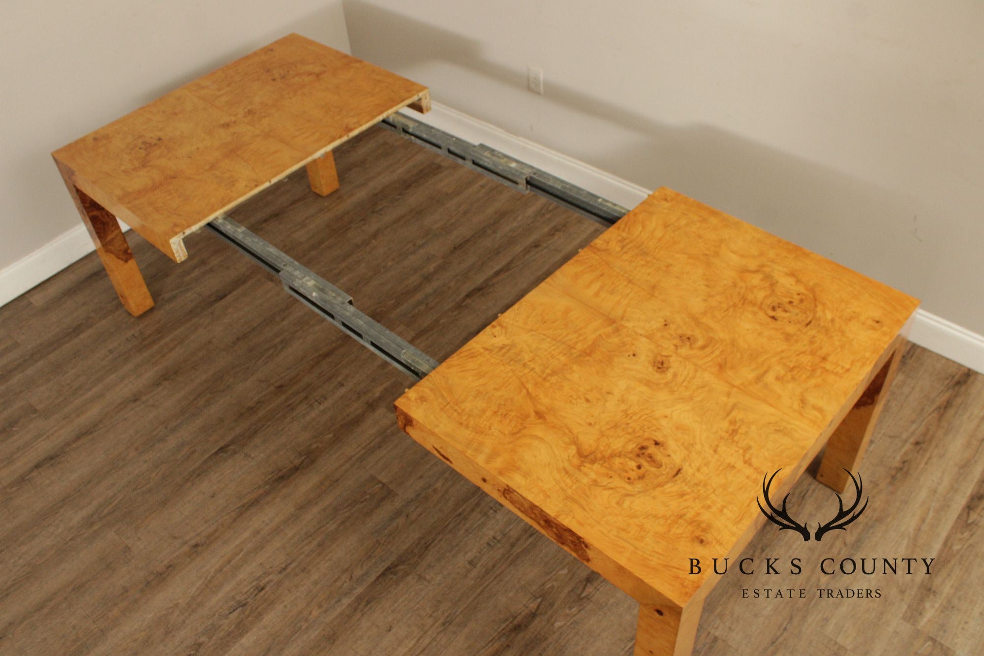 Mid-Century Modern Burlwood Parsons Extension Dining Table with 2 Leaves