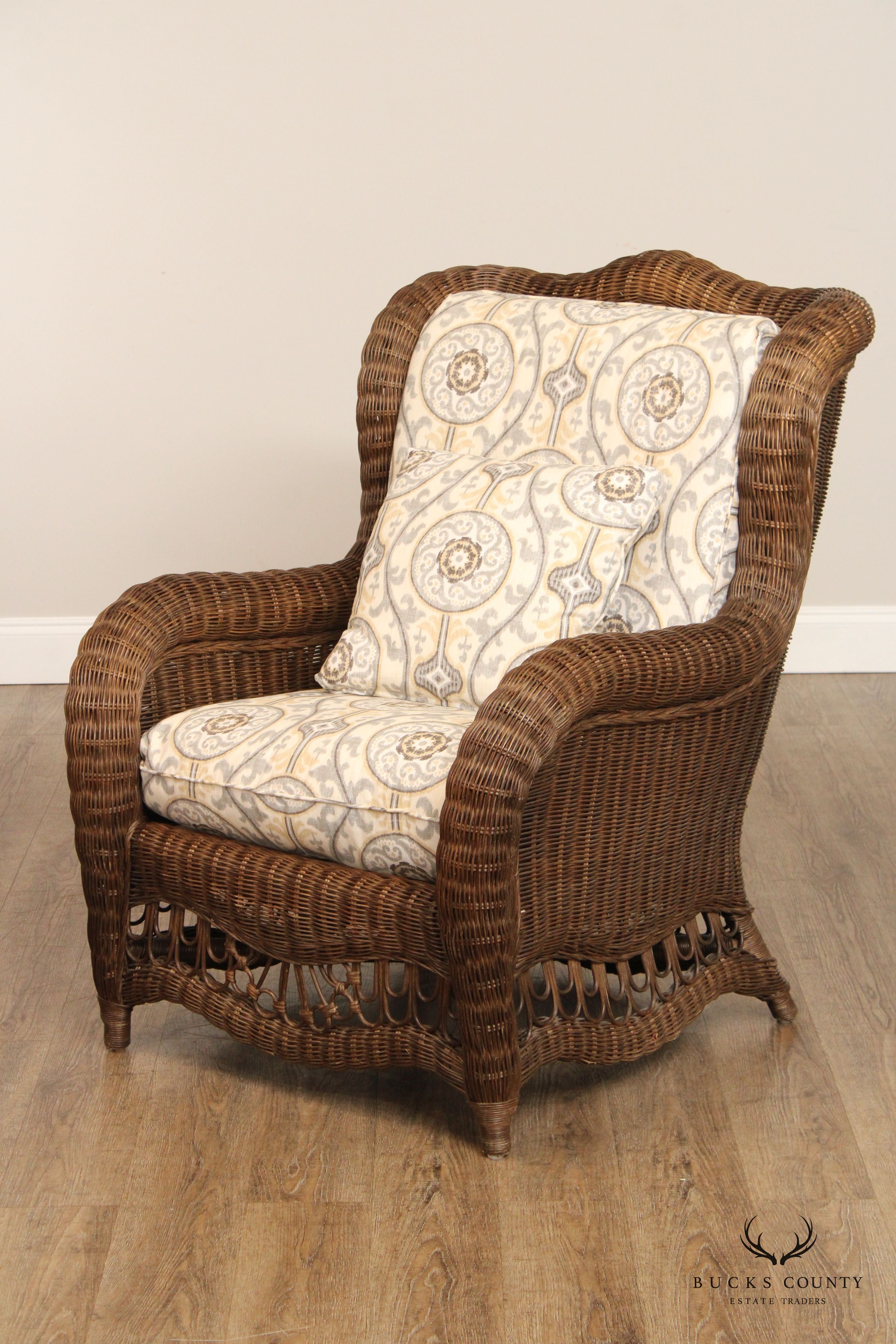 Ethan Allen Victorian Style Wicker Wing Chair and Ottoman