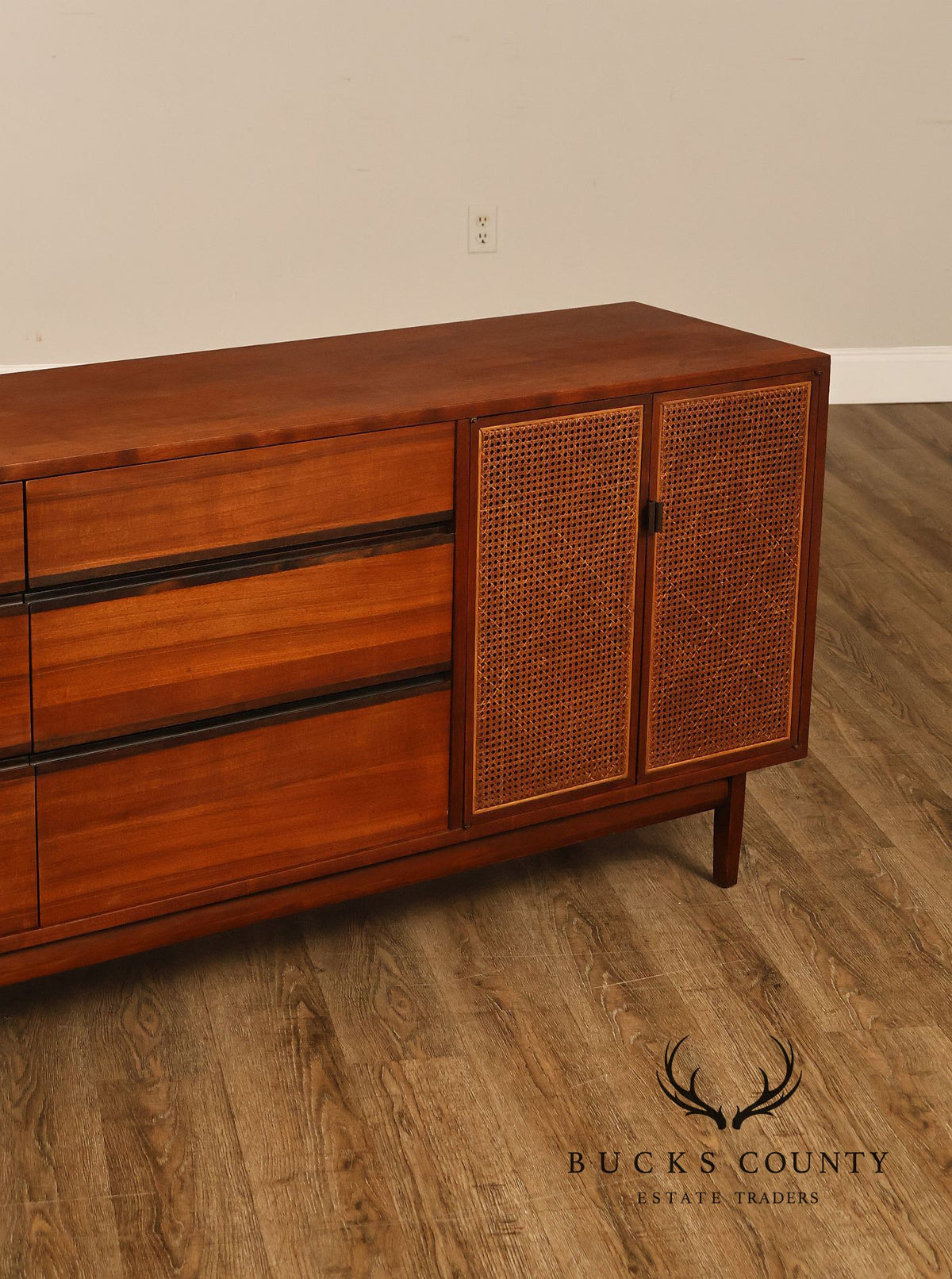 Calvin Mid Century Modern Cane Door Teak Dresser