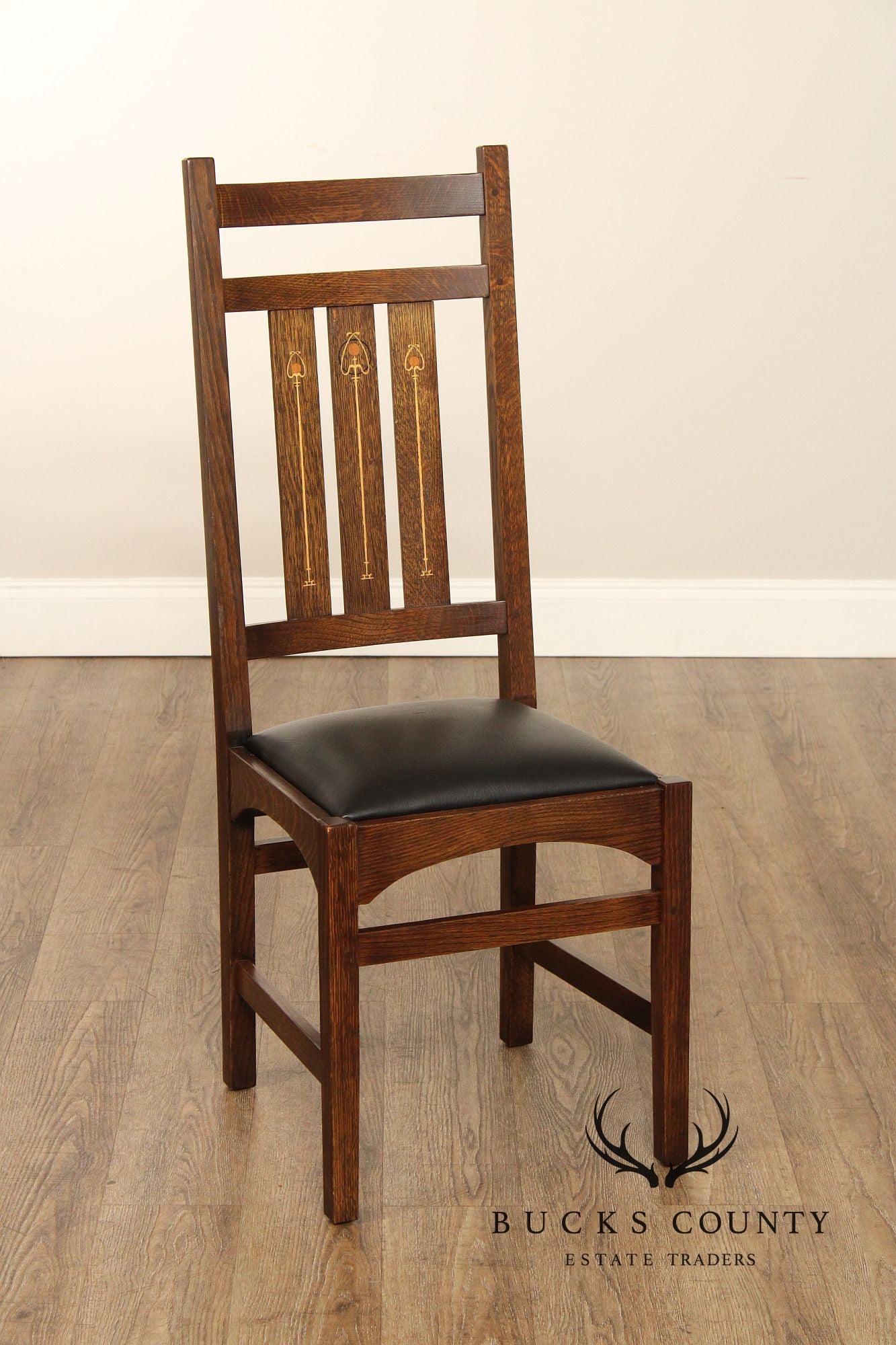 Stickley Mission Collection Set of Four Harvey Ellis Inlaid Oak Dining Chairs