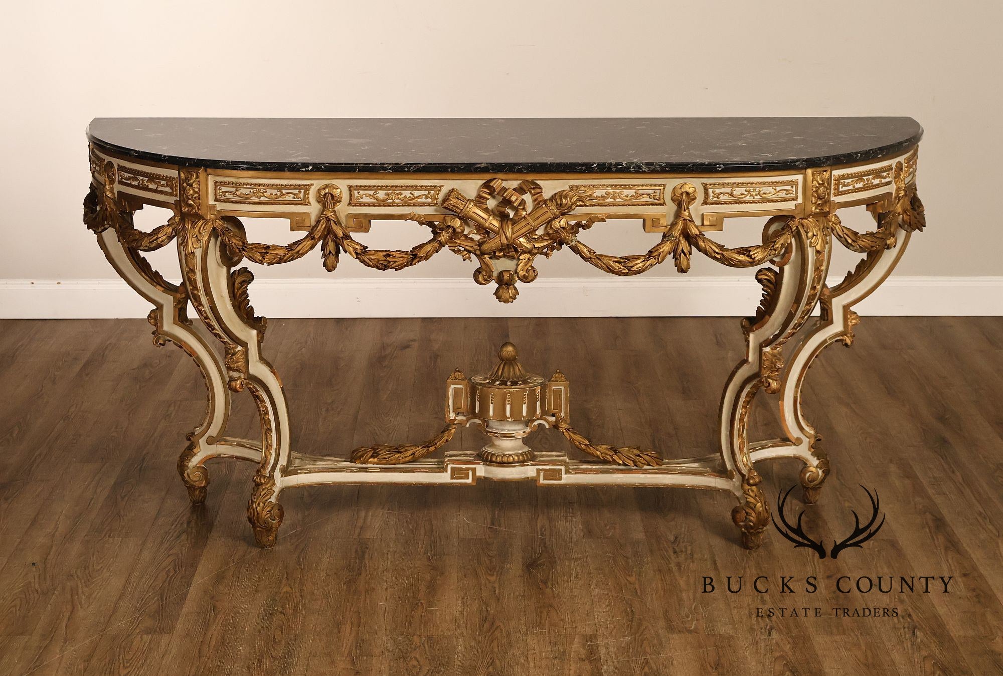 Louis XV Style Giltwood And Painted Demilune Marble Top Console Table