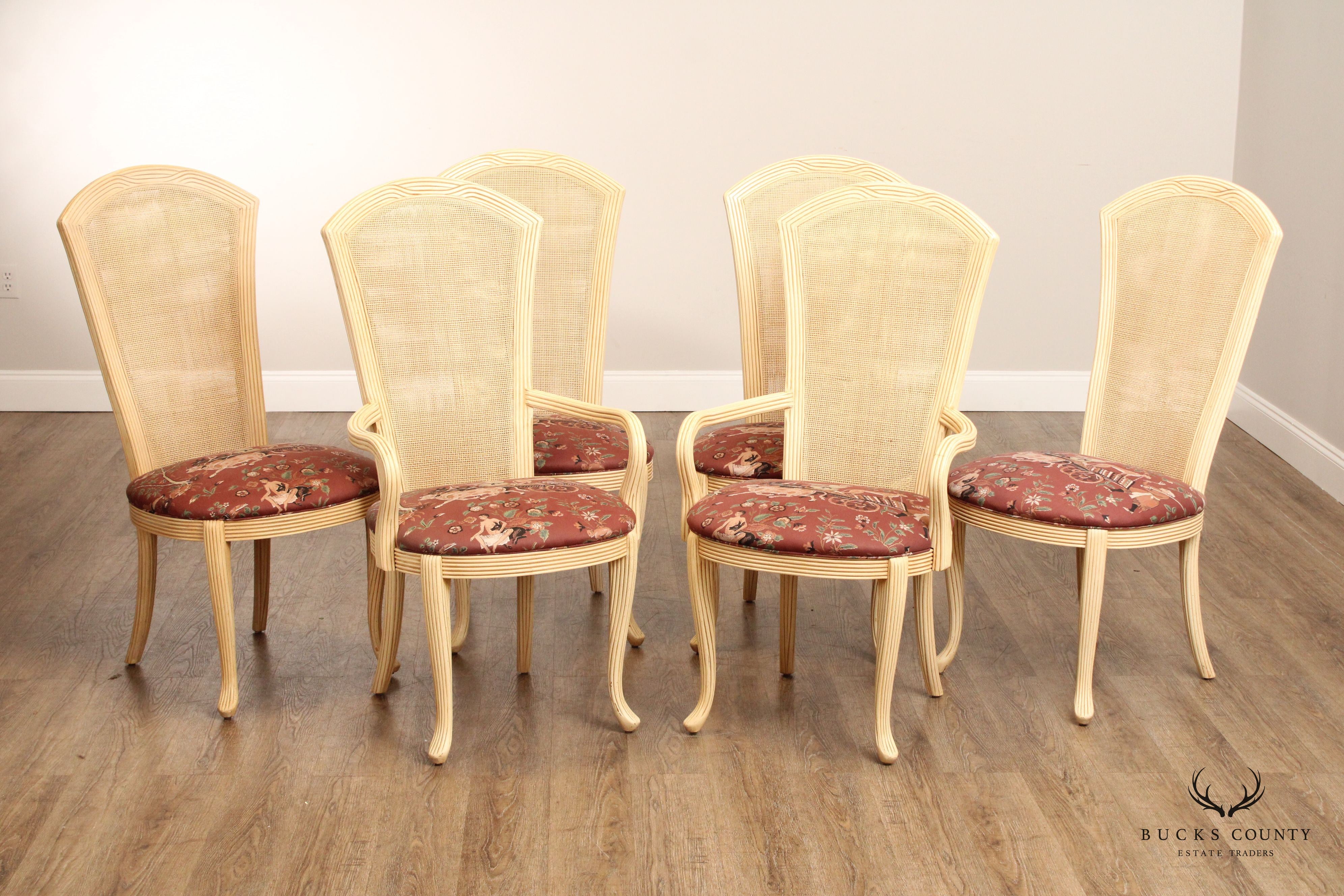 French Provincial Style Set of Six Caned Back Dining Chairs