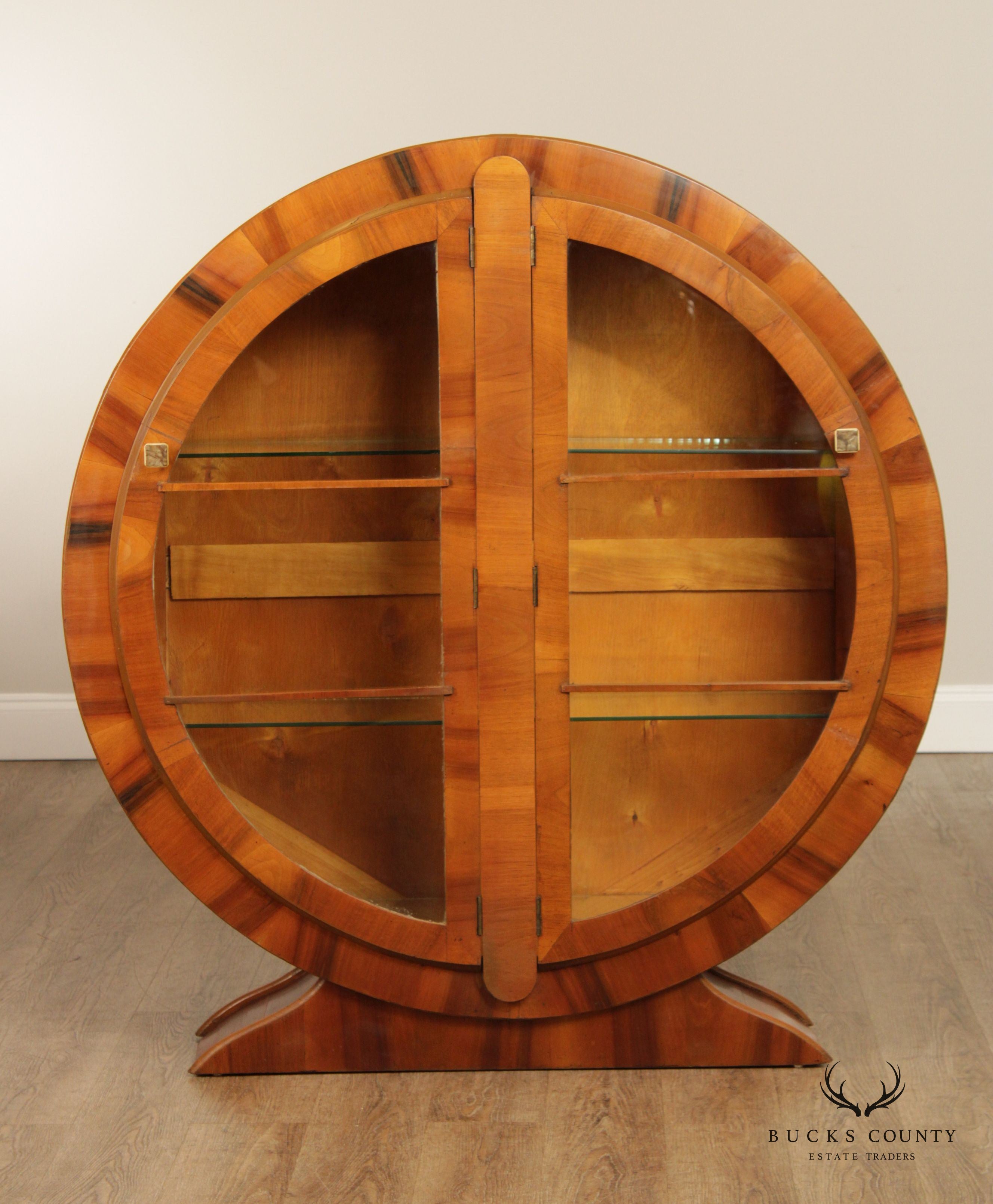 Art Deco Round Walnut Glass Door Display Bookcase Cabinet