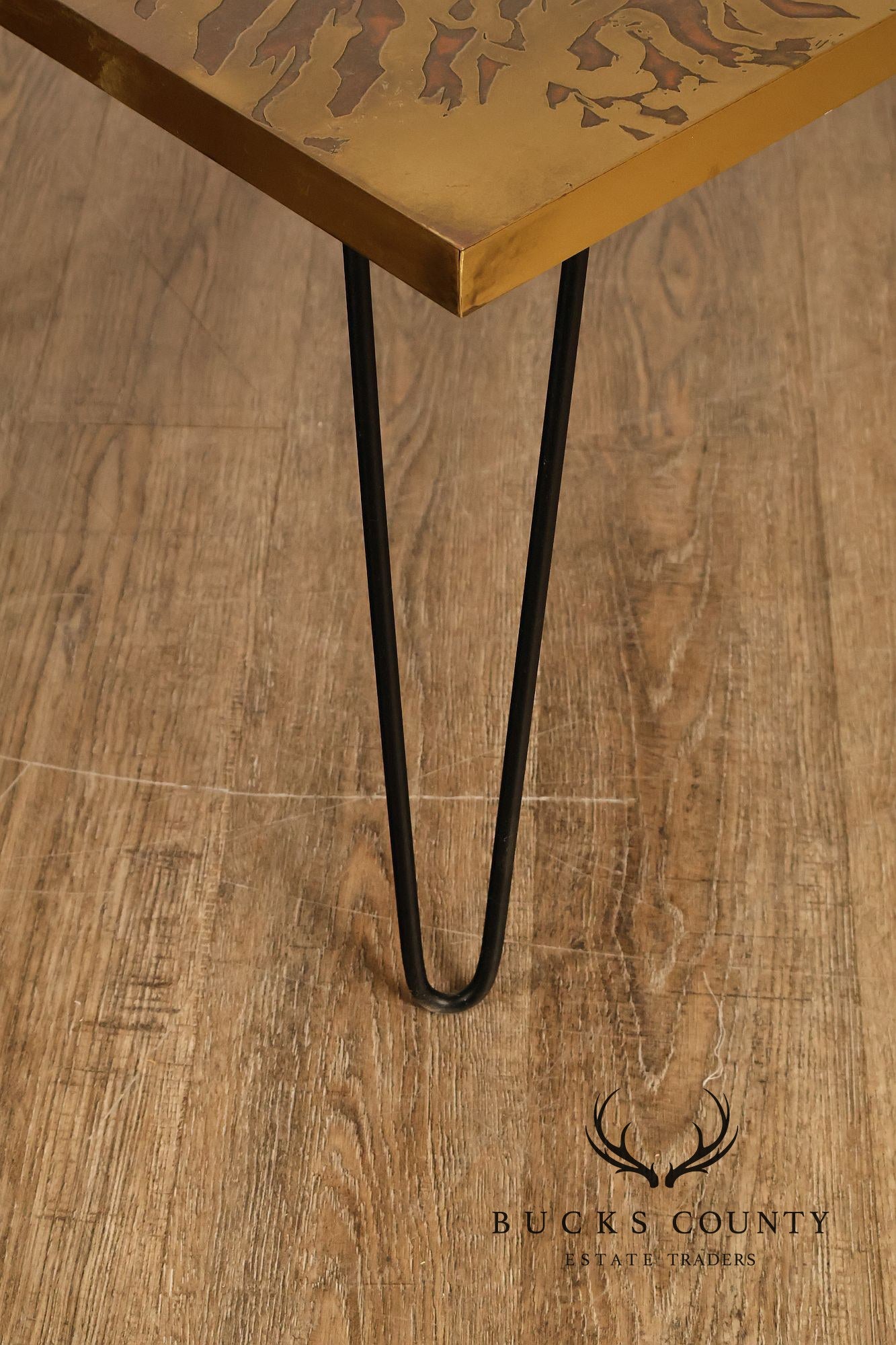 Mid Century Modern Acid Etched Brass Top Coffee Table With Hairpin Legs