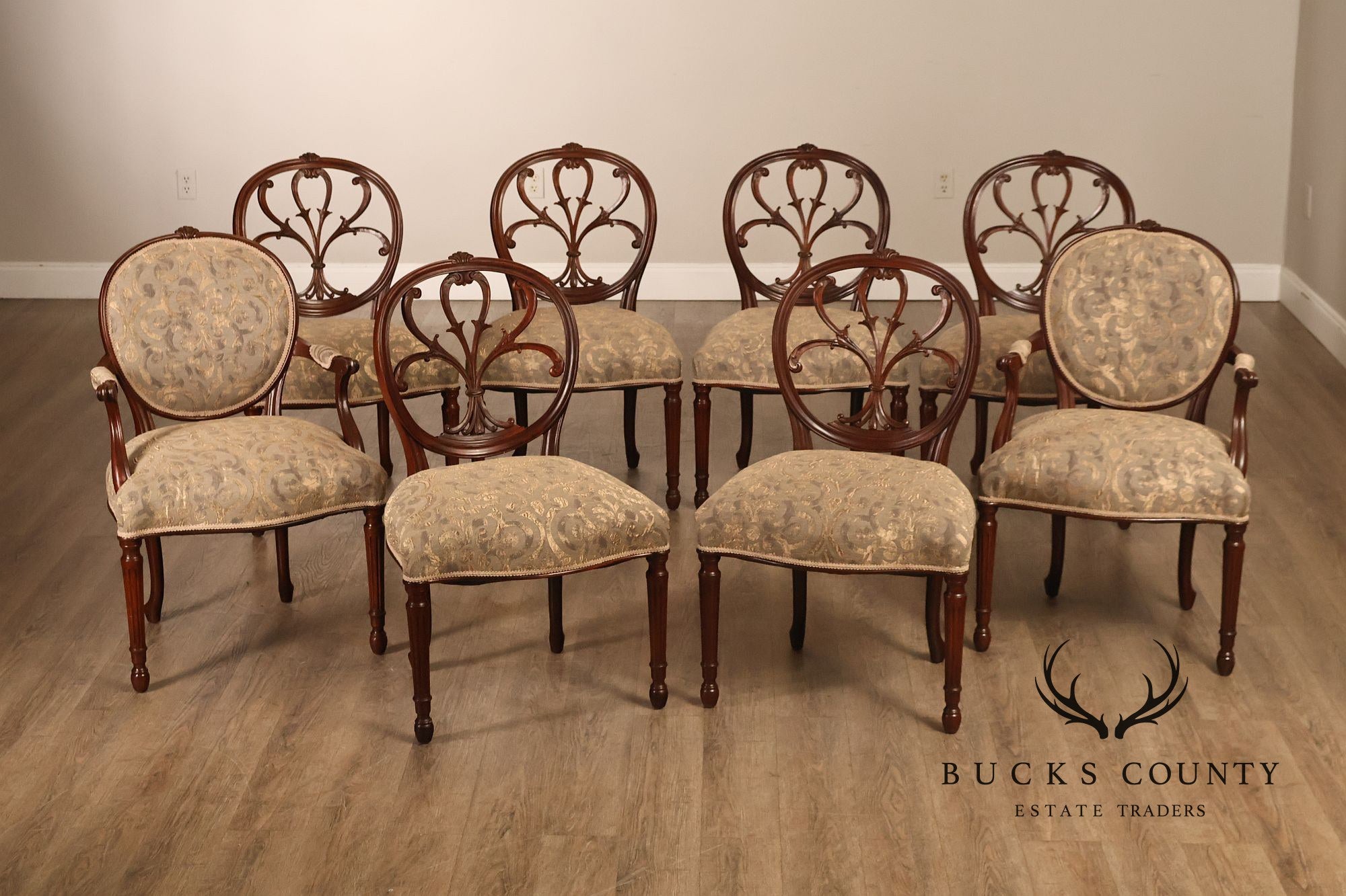 Hepplewhite Inspired Set Of Eight Mahogany Carved Oval Back  Dining Chairs