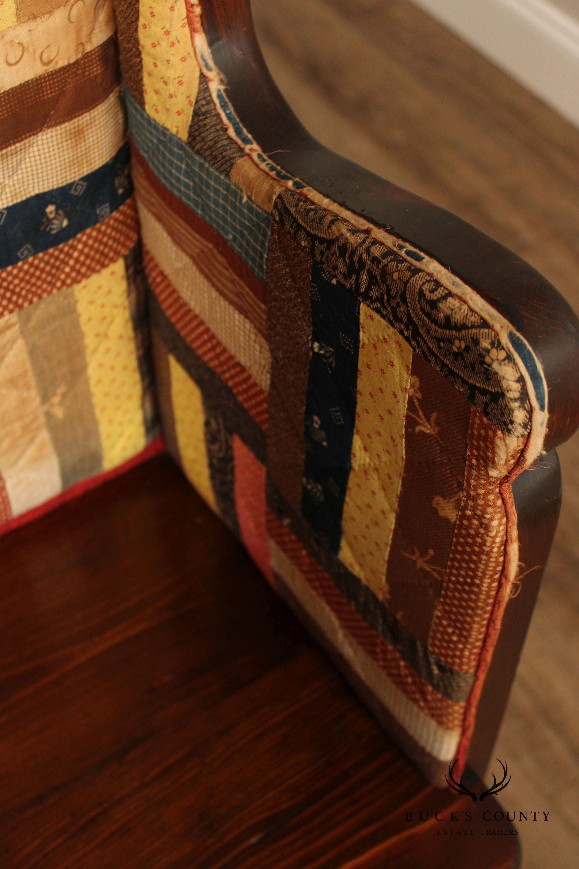 Antique American Quilted Back Pine Settle Bench