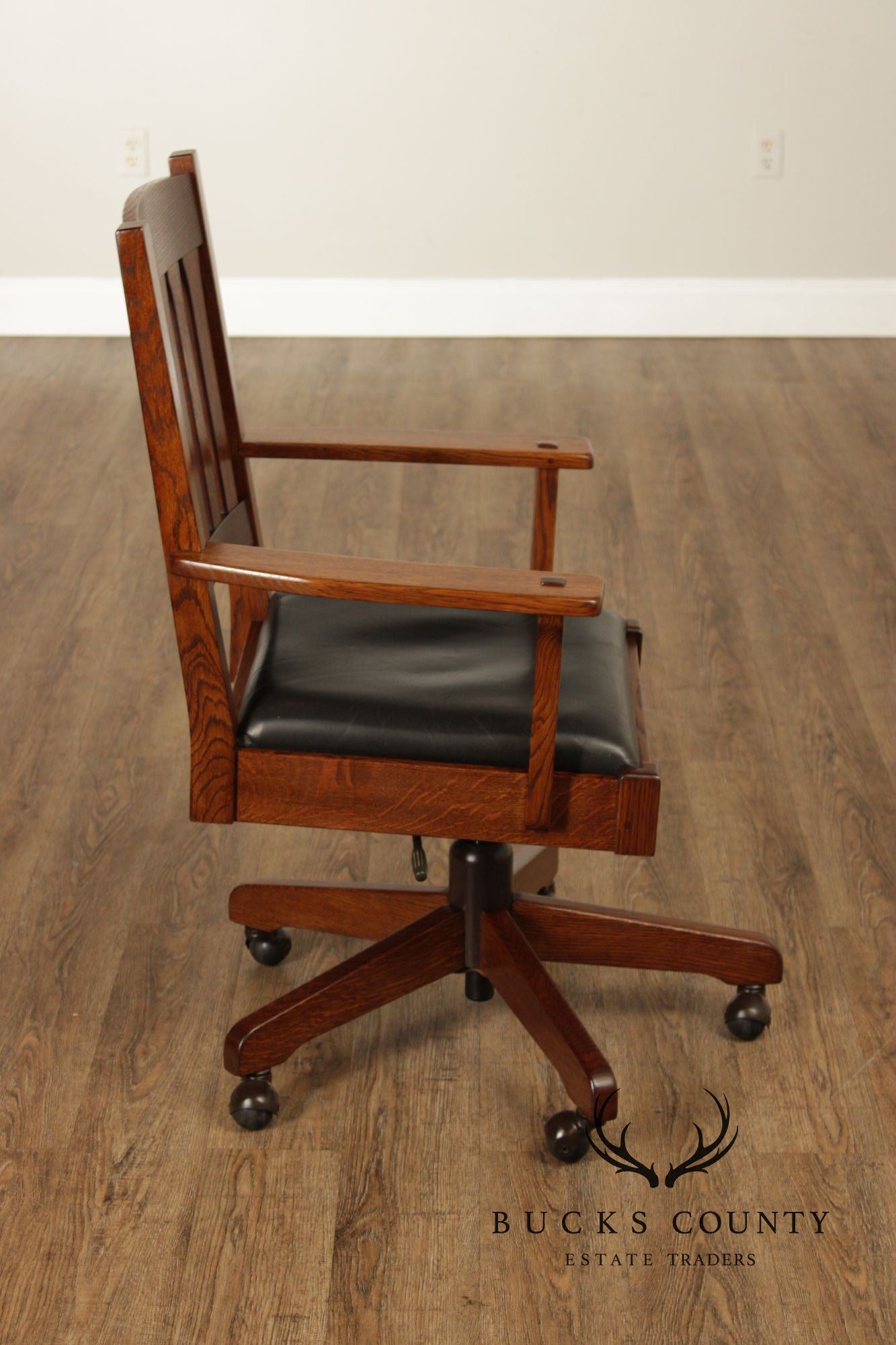 Stickley Mission Collection Oak Swivel Desk Chair With Black Leather Seat