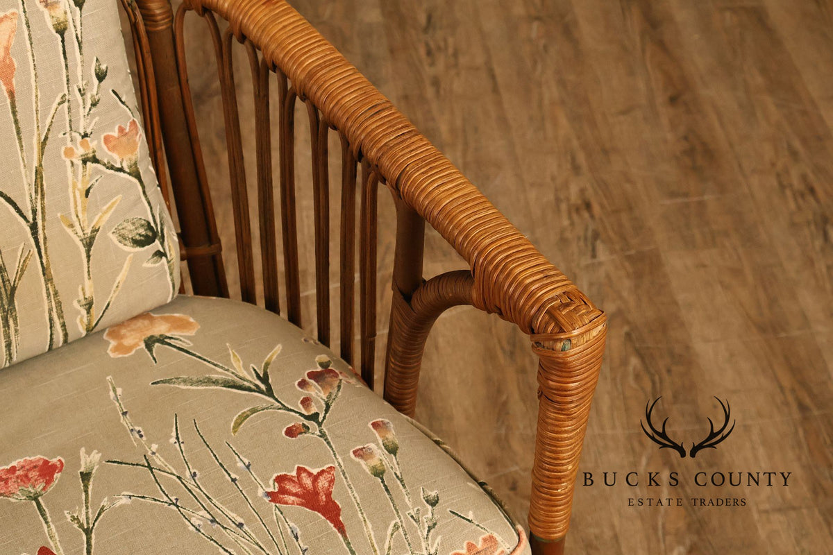 Antique Set Of Four Split Reed Rattan Armchairs With Floral Cushions