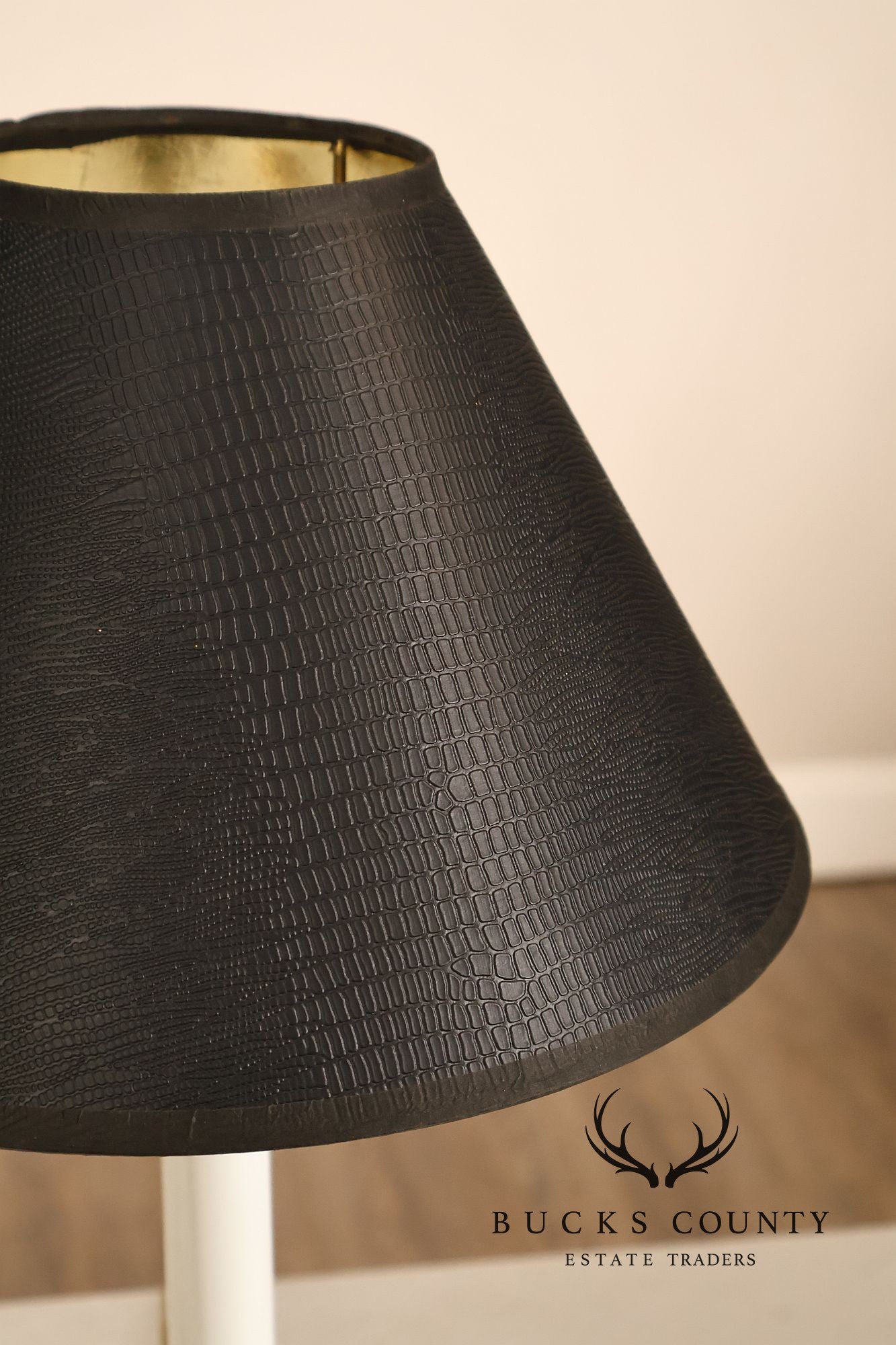 Pair of Brass Candlestick Style Table Lamps with Black Faux Alligator Shades