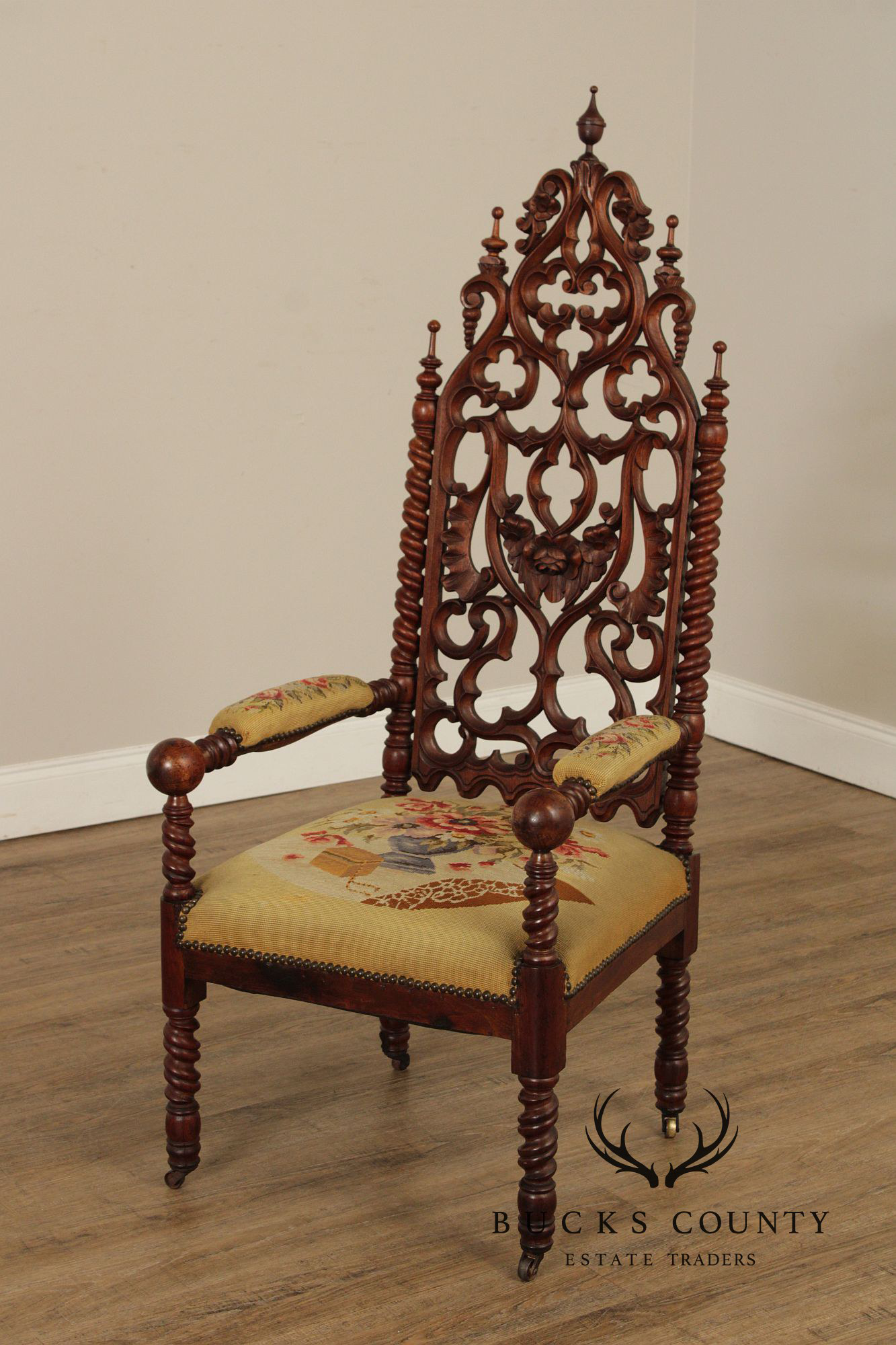 Antique American Gothic Revival Carved Walnut Throne Chair