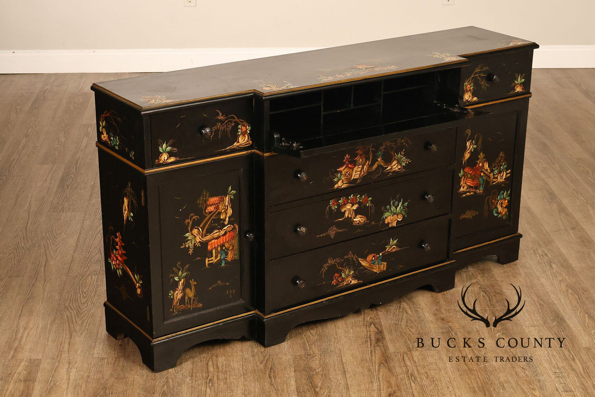 Chinoiserie Style Black Lacquer Hand Painted Sideboard With Hidden Secretary Desk