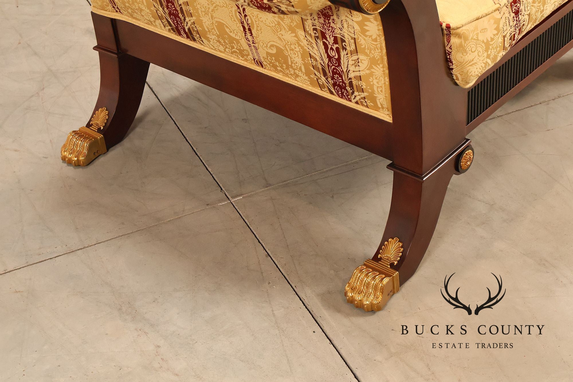 Empire Neoclassical Style Mahogany Upholstered Armchair With Gilt Bronze Accents