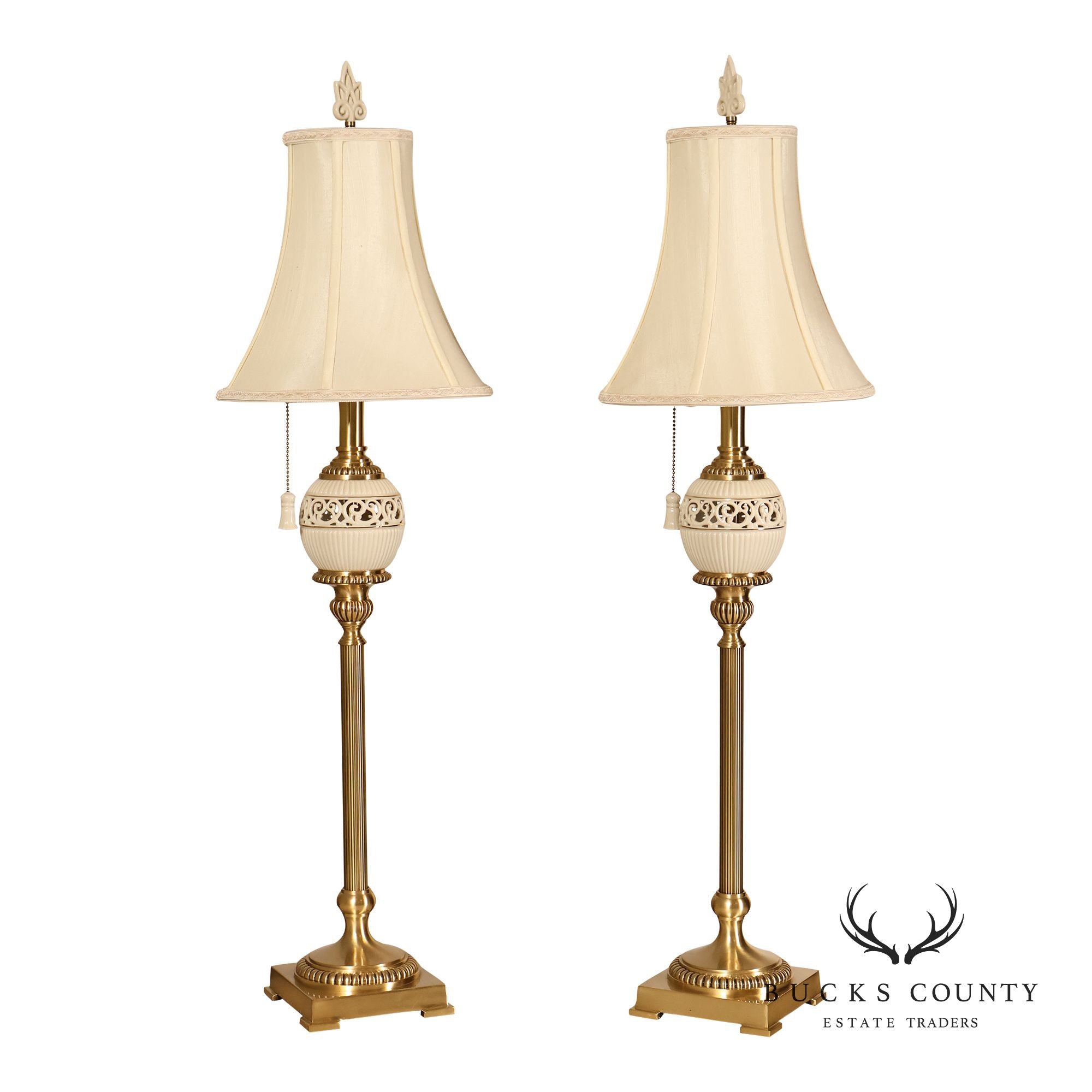 Lenox For Quoizel Pair of Brass and Porcelain Tall Table Lamps
