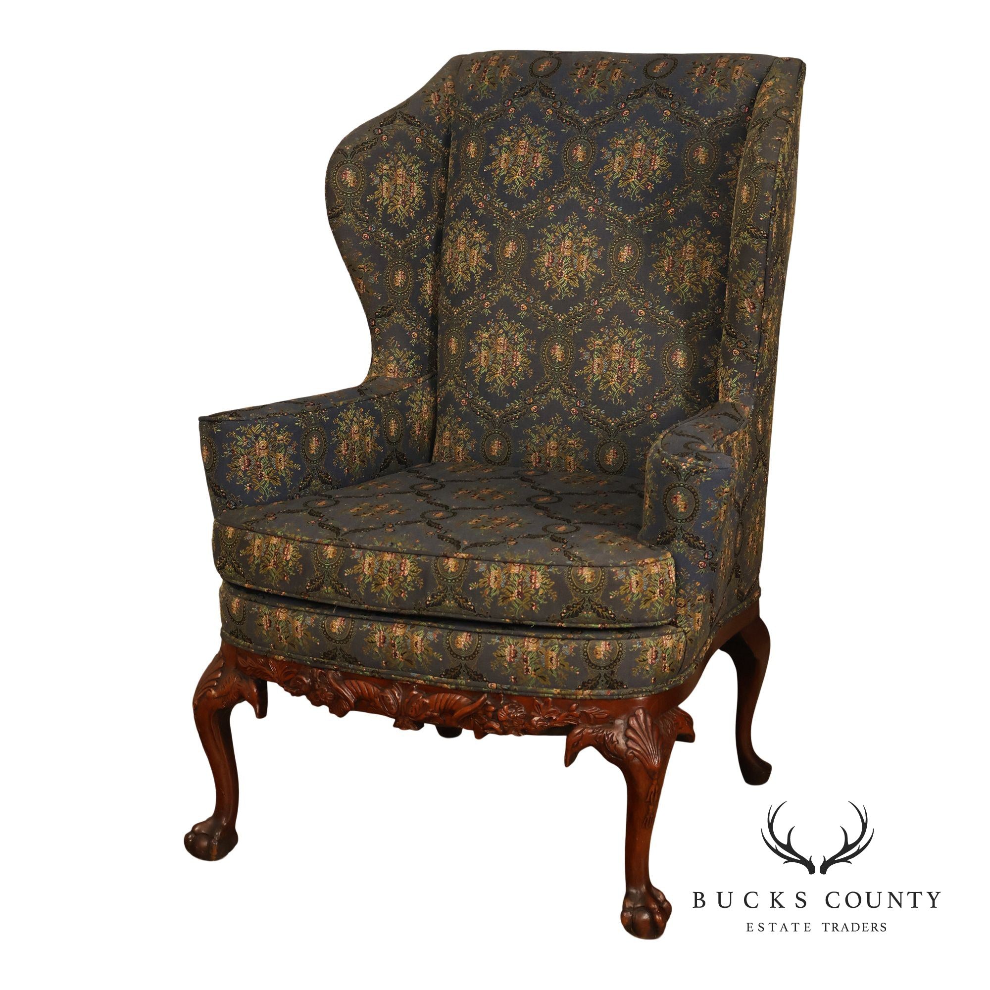1930s Vintage Chippendale Style Carved Hardwood Eagle Wing Chair