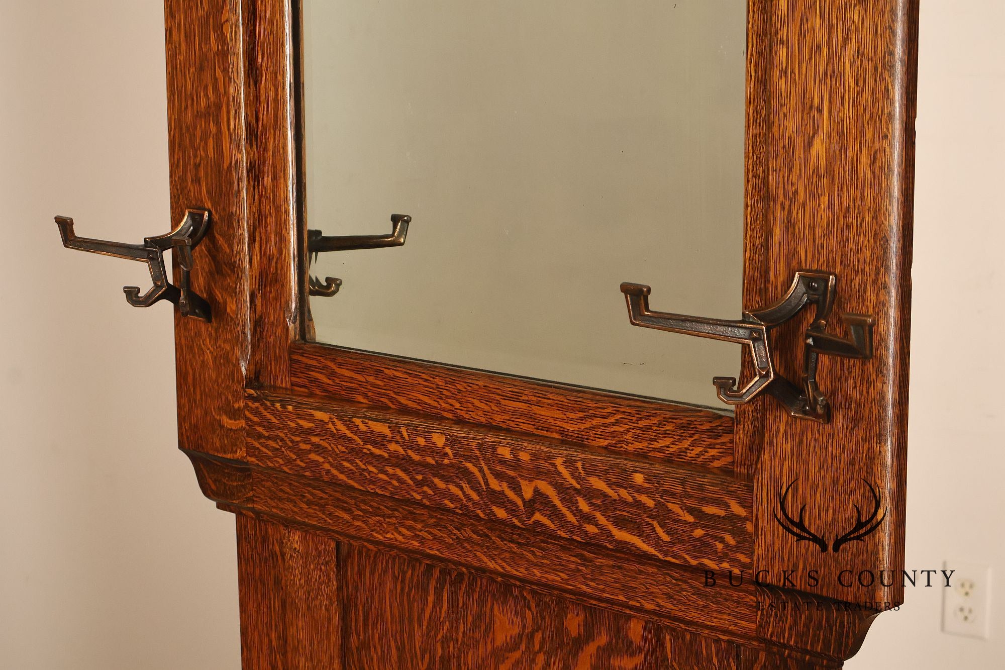 Antique Arts And Crafts Oak Mirrored Hall Seat
