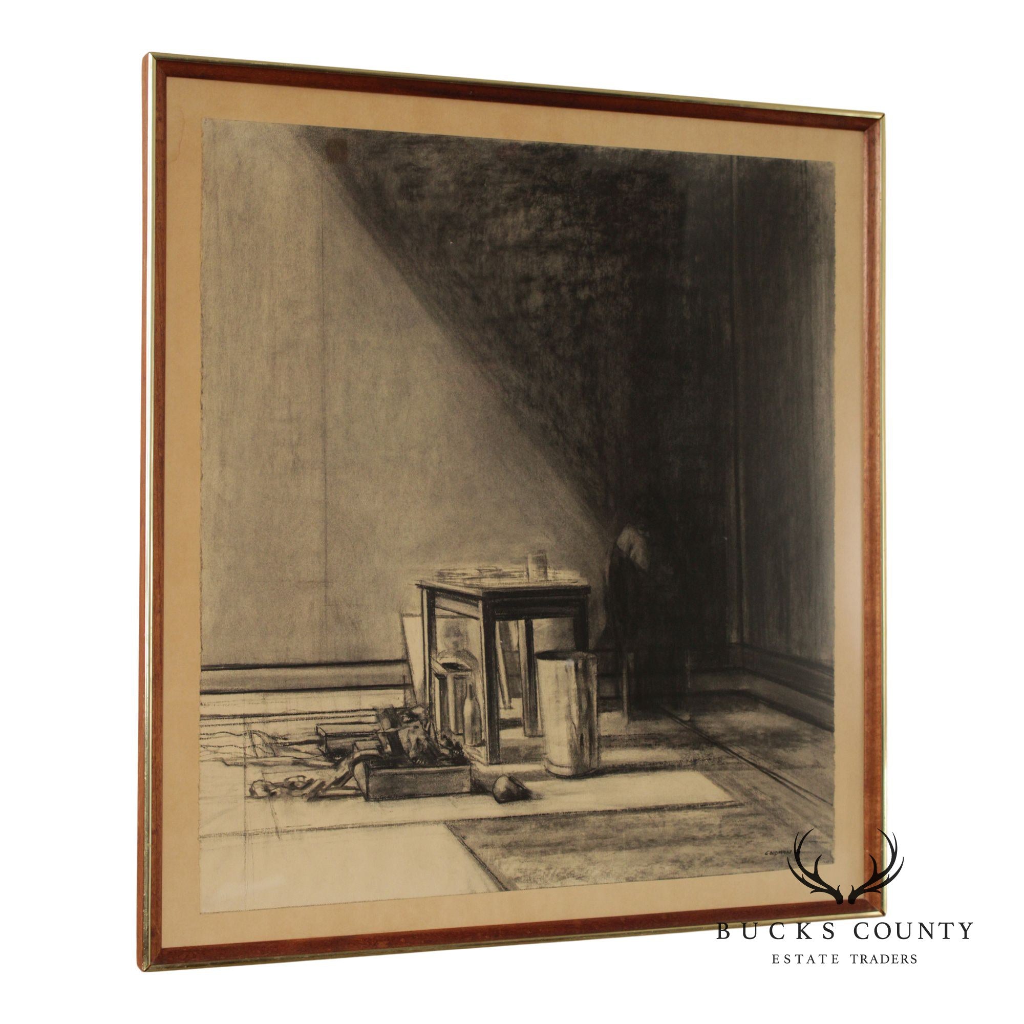Sidney Goodman Charcoal Drawing, 'Interior with Figure'