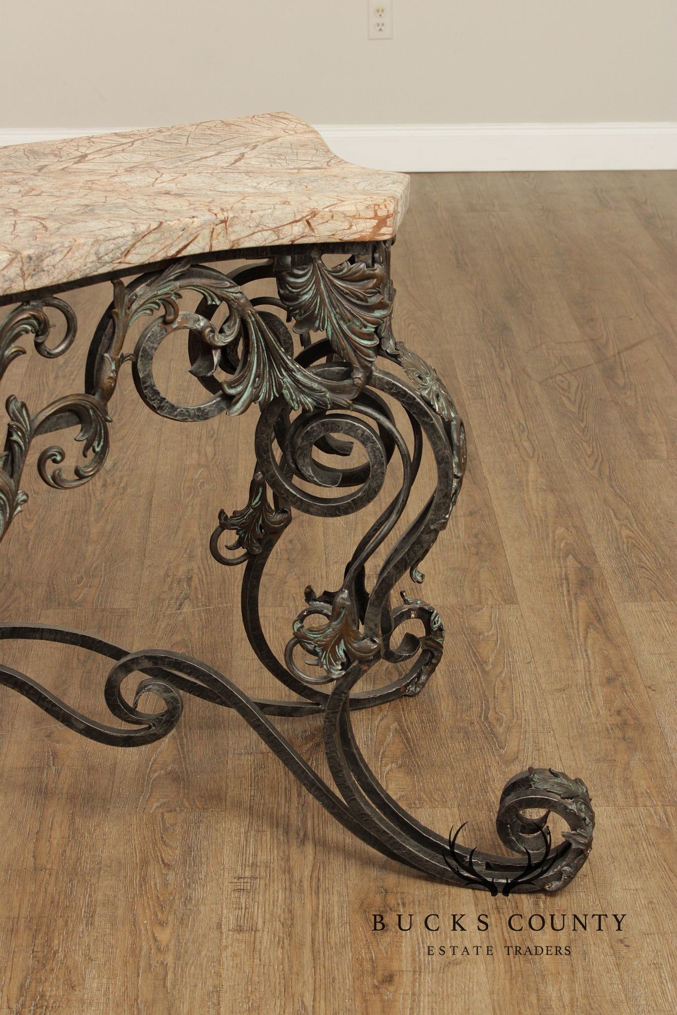 Maitland Smith Italian Rococo Style Scrolled Iron And Bronze Marble Top Console Table