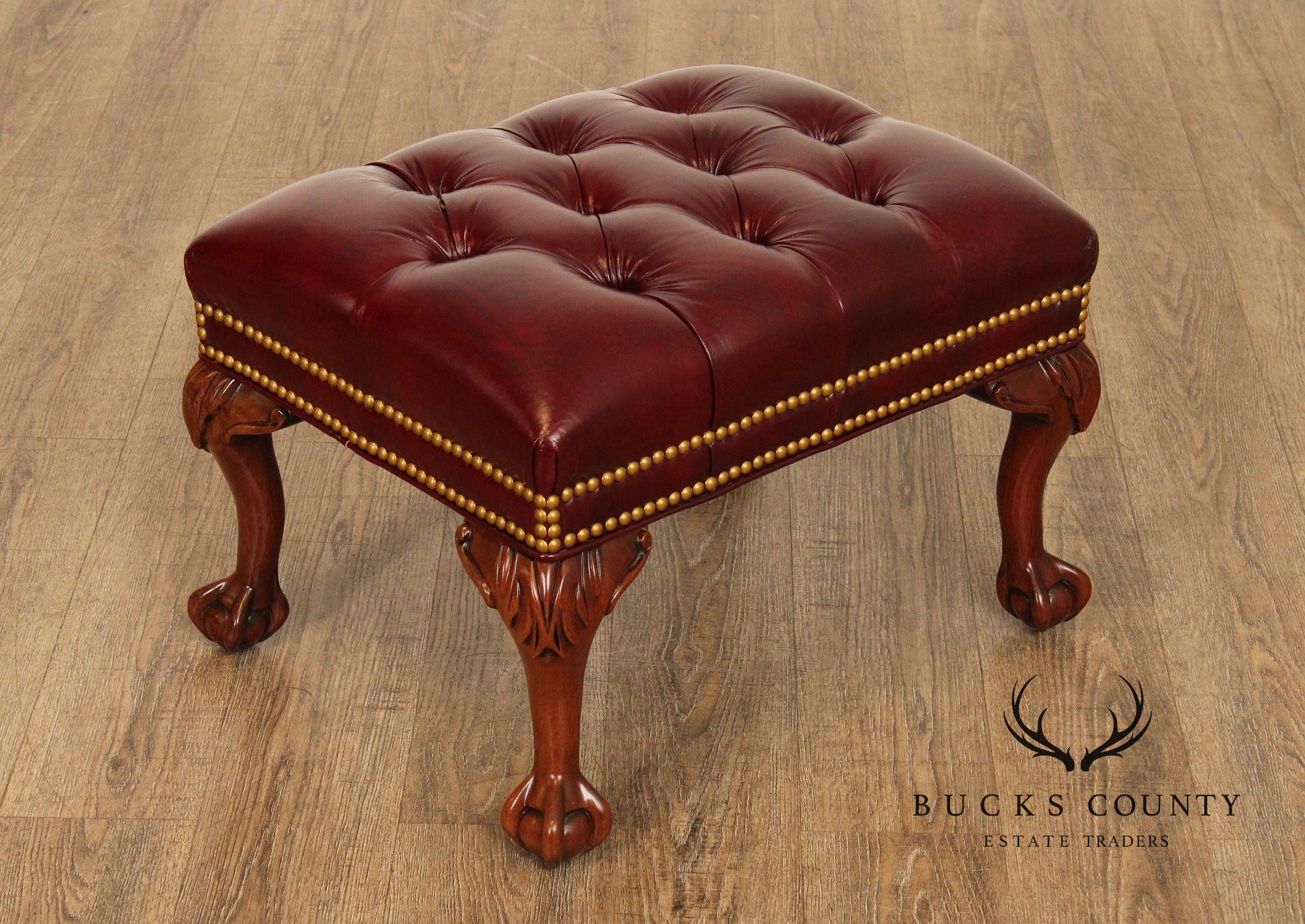 Georgian Style Tufted Oxblood Leather 'Reynolds' Wing Chair and Ottoman